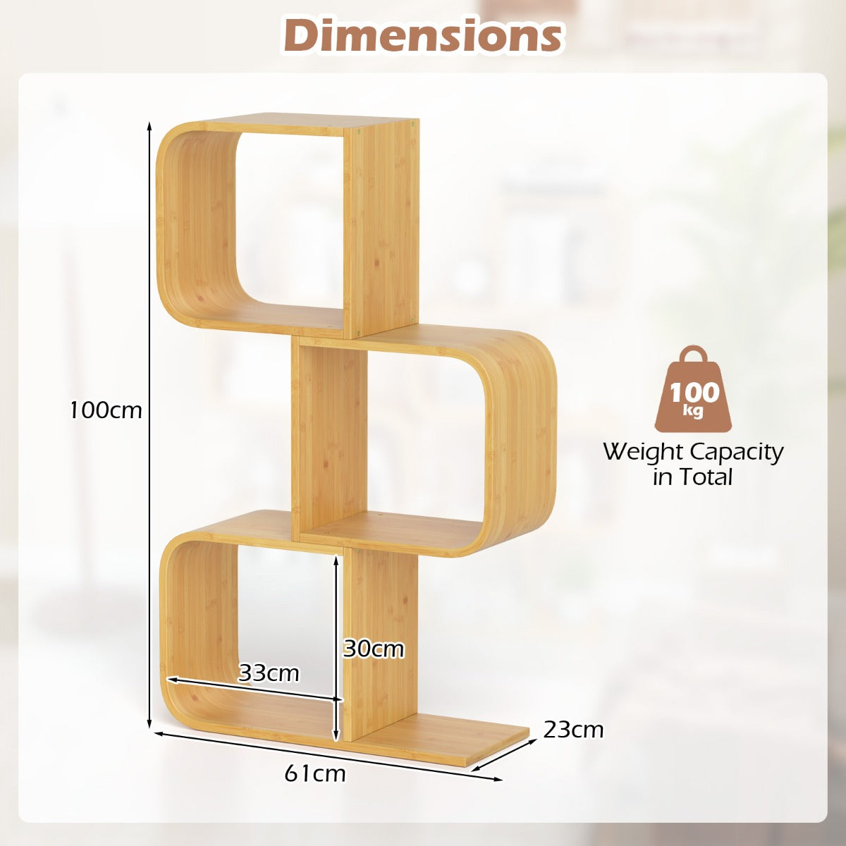 S-Shaped Bookcase Bamboo Bookshelf with 2 Open Cubes-3-Tier