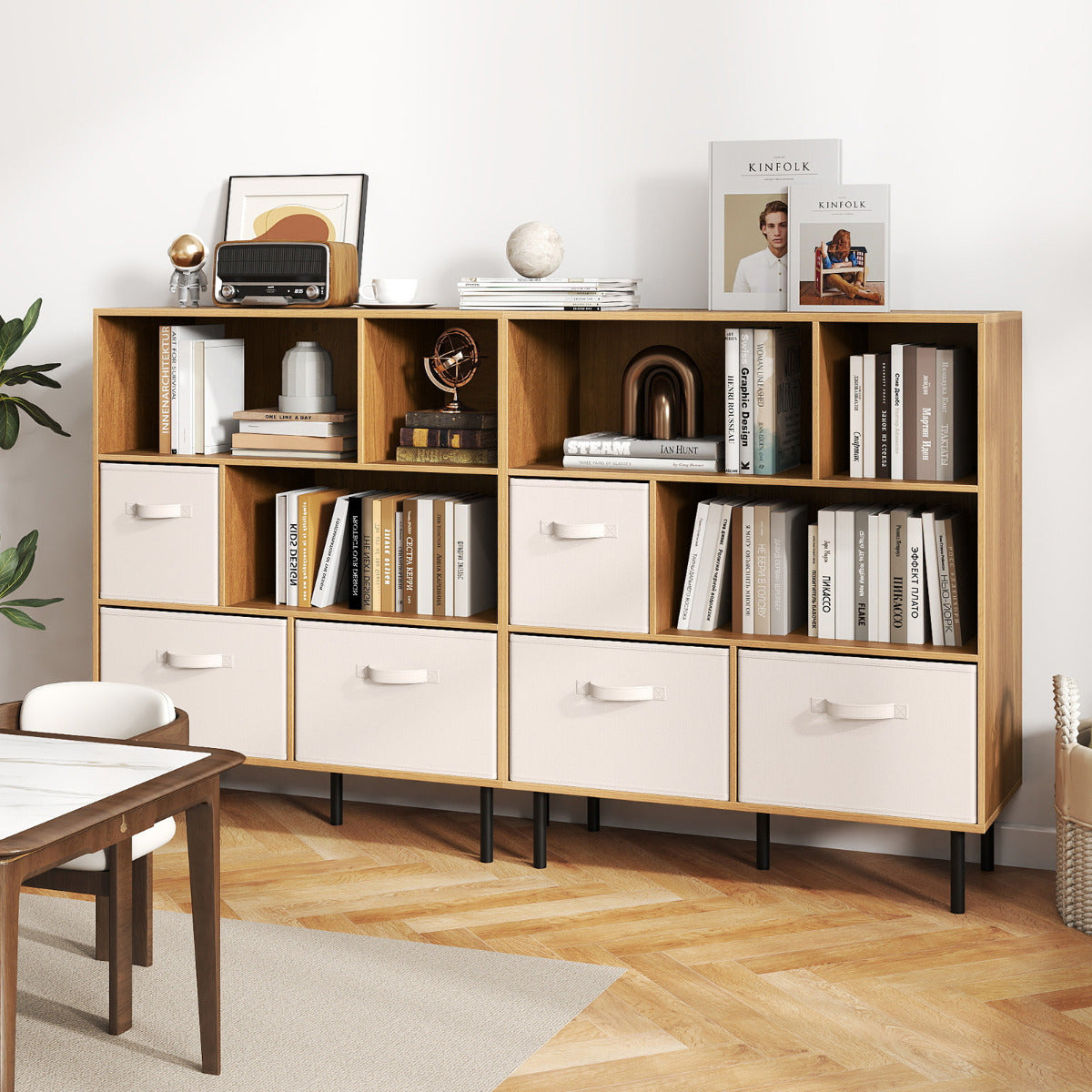 3-Tier Bookcase with 3 Removable Folding Fabric Drawers-Natural