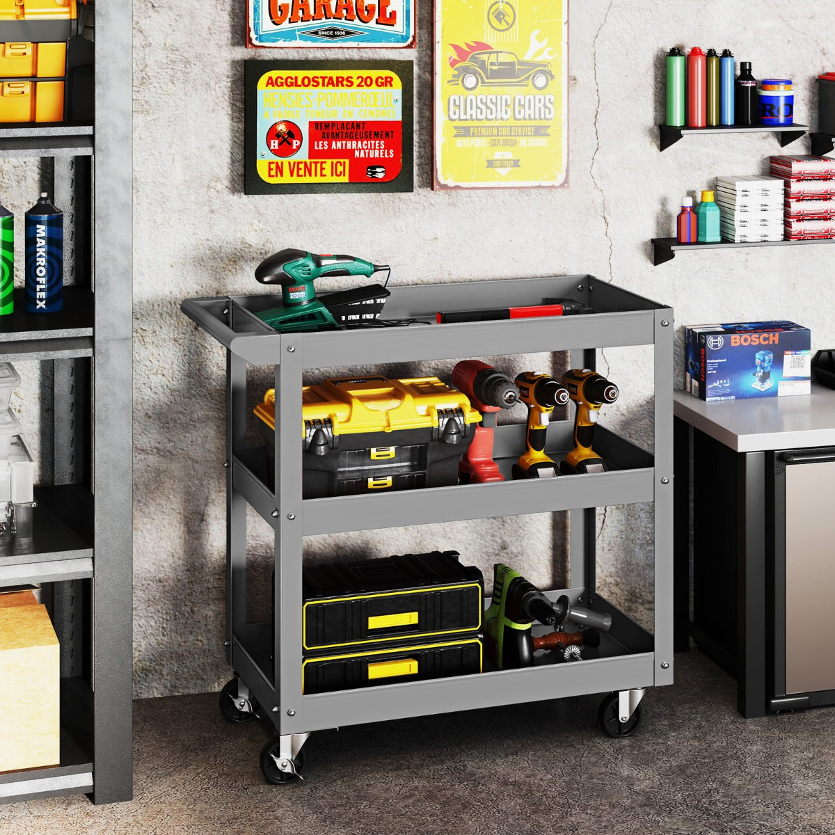 3-Tier Tool Trolley with Handle and Lockable Wheels-Grey