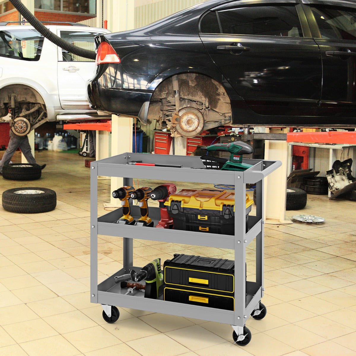 3-Tier Tool Trolley with Handle and Lockable Wheels-Grey