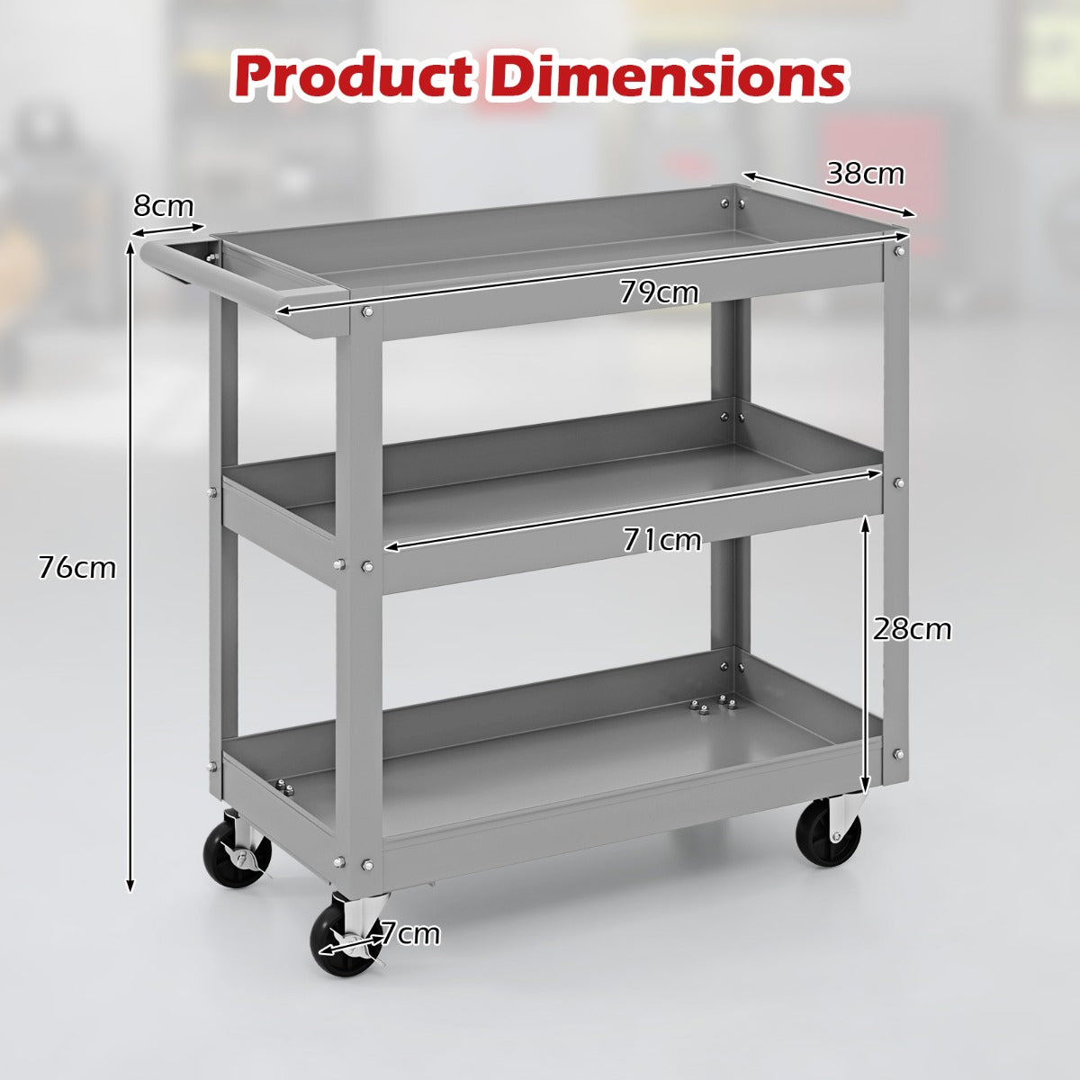 3-Tier Tool Trolley with Handle and Lockable Wheels-Grey