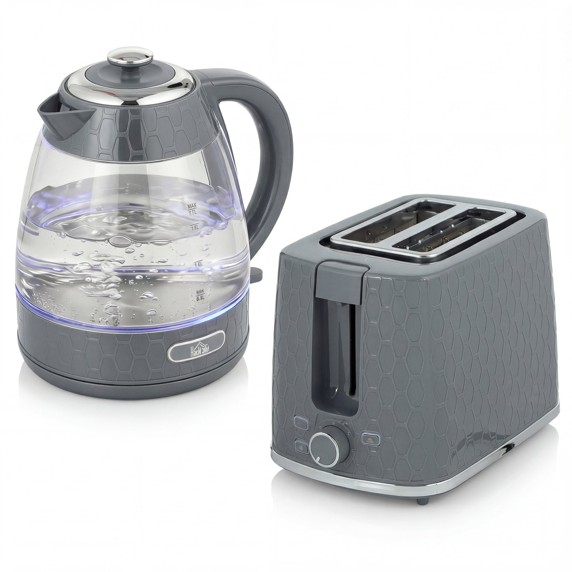HOMCOM Kettle and Toaster Set, 1.7L 3000W Rapid Kettle with Limescale Filter, 2 Slice Toaster with 7 Browning Controls, Grey