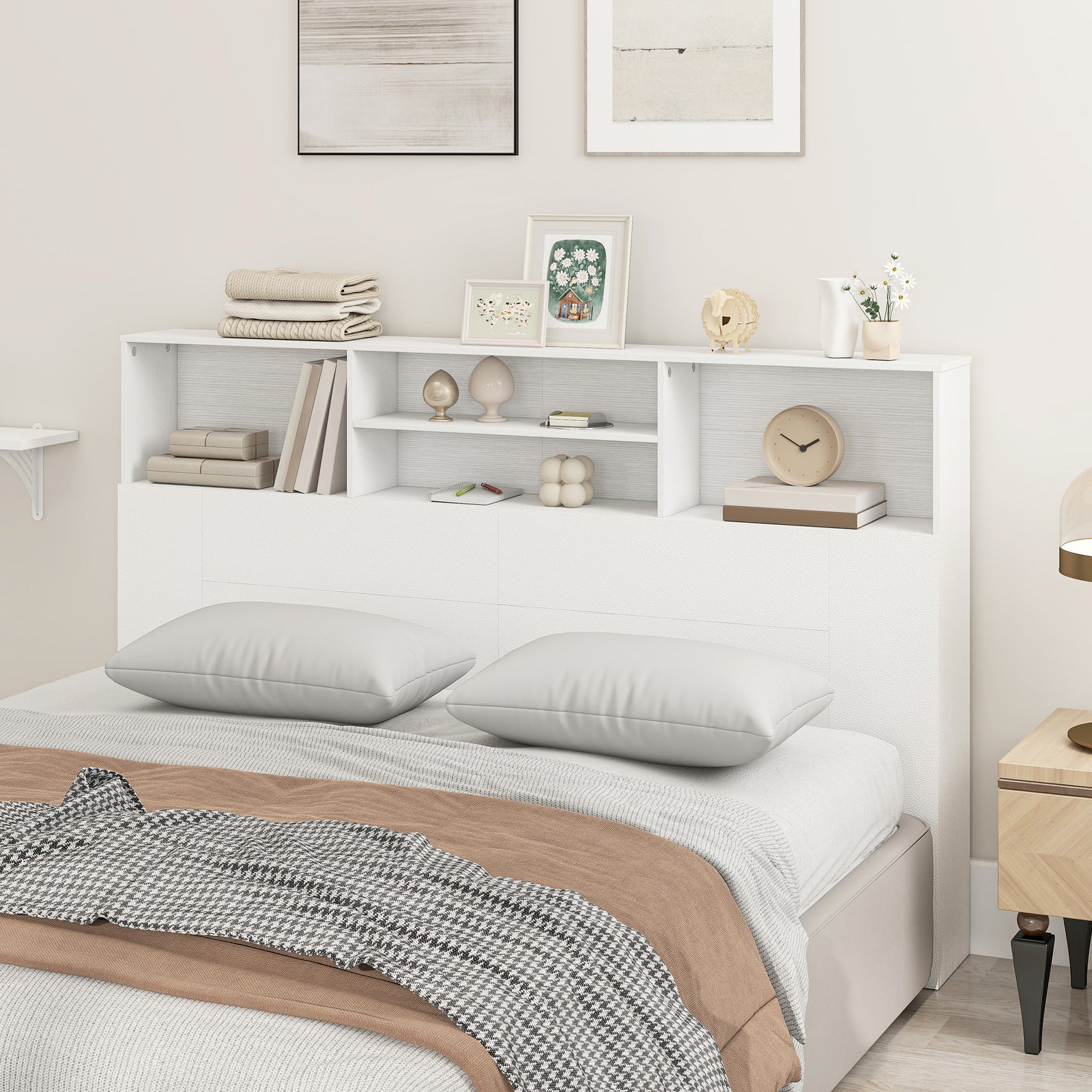 HOMCOM King-Size Headboard with Storage, Freestanding Bed Headboard with 4 Open Compartments for Bedroom, White
