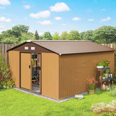 Outsunny 13 x 11ft Metal Garden Shed, Waterproof Outdoor Bike Storage Shed Galvanised with Vents, Foundation Kit, Apex Roof and Lockable Double Doors for Patio Lawn, Light Brown