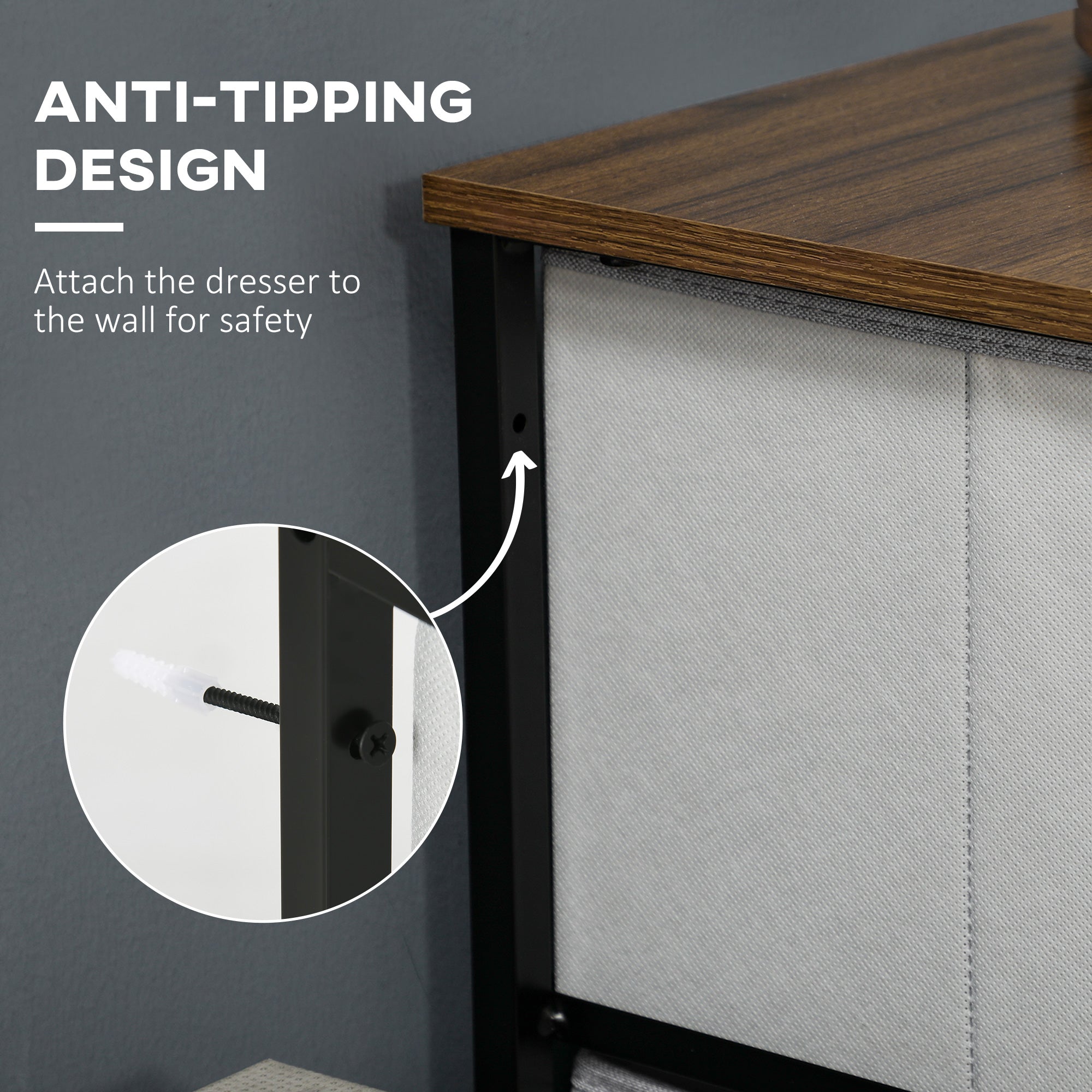 HOMCOM Fabric Chest of Drawers, Industrial Bedroom Dresser with 8 Fabric Drawers, Steel Frame and Wooden Top for Nursery, Living Room, Hallway, Grey