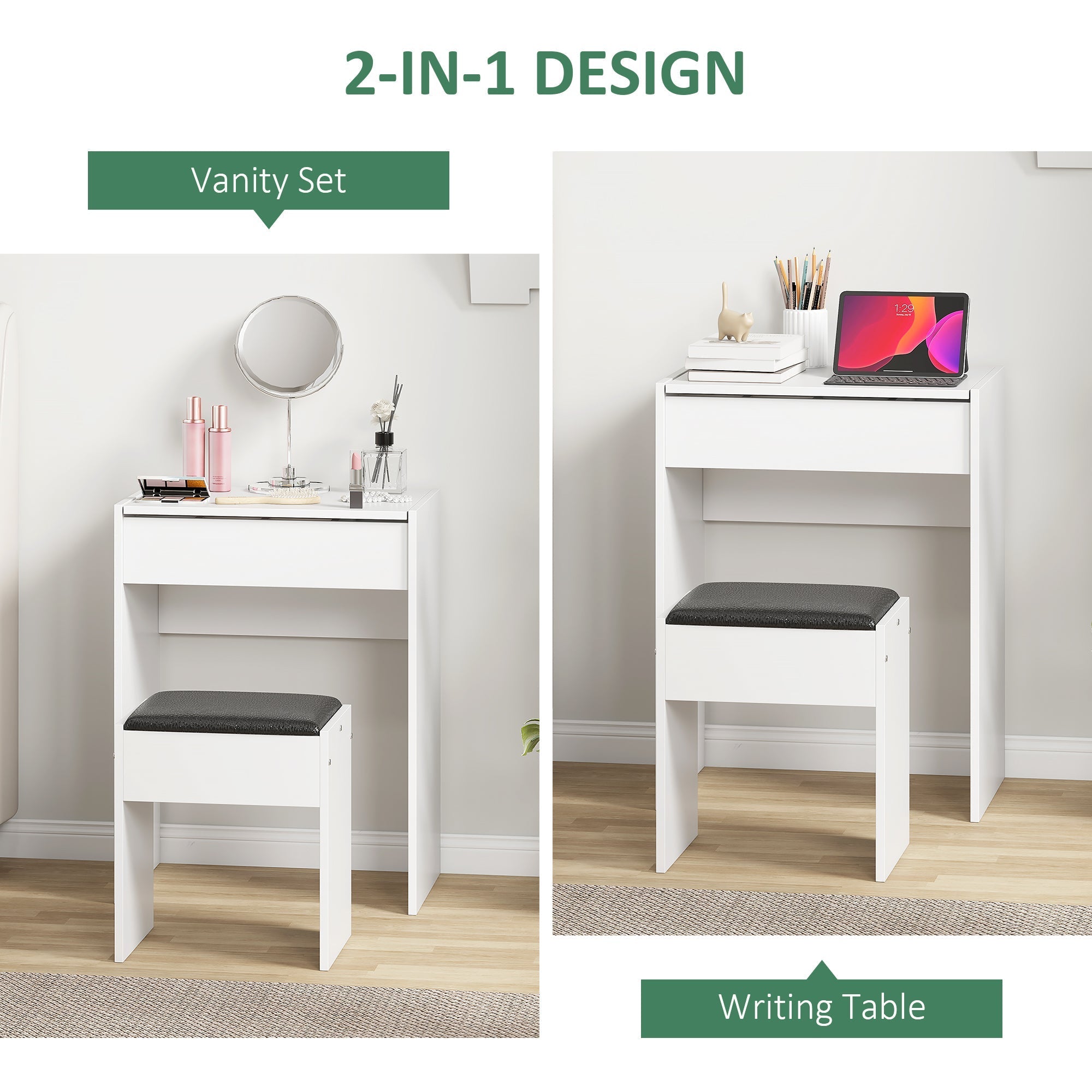HOMCOM Dressing Table with Mirror and Stool, Vanity Makeup Table with Flip Up Mirror, Vanity Desk with Storage Unit and Padded Seat, White