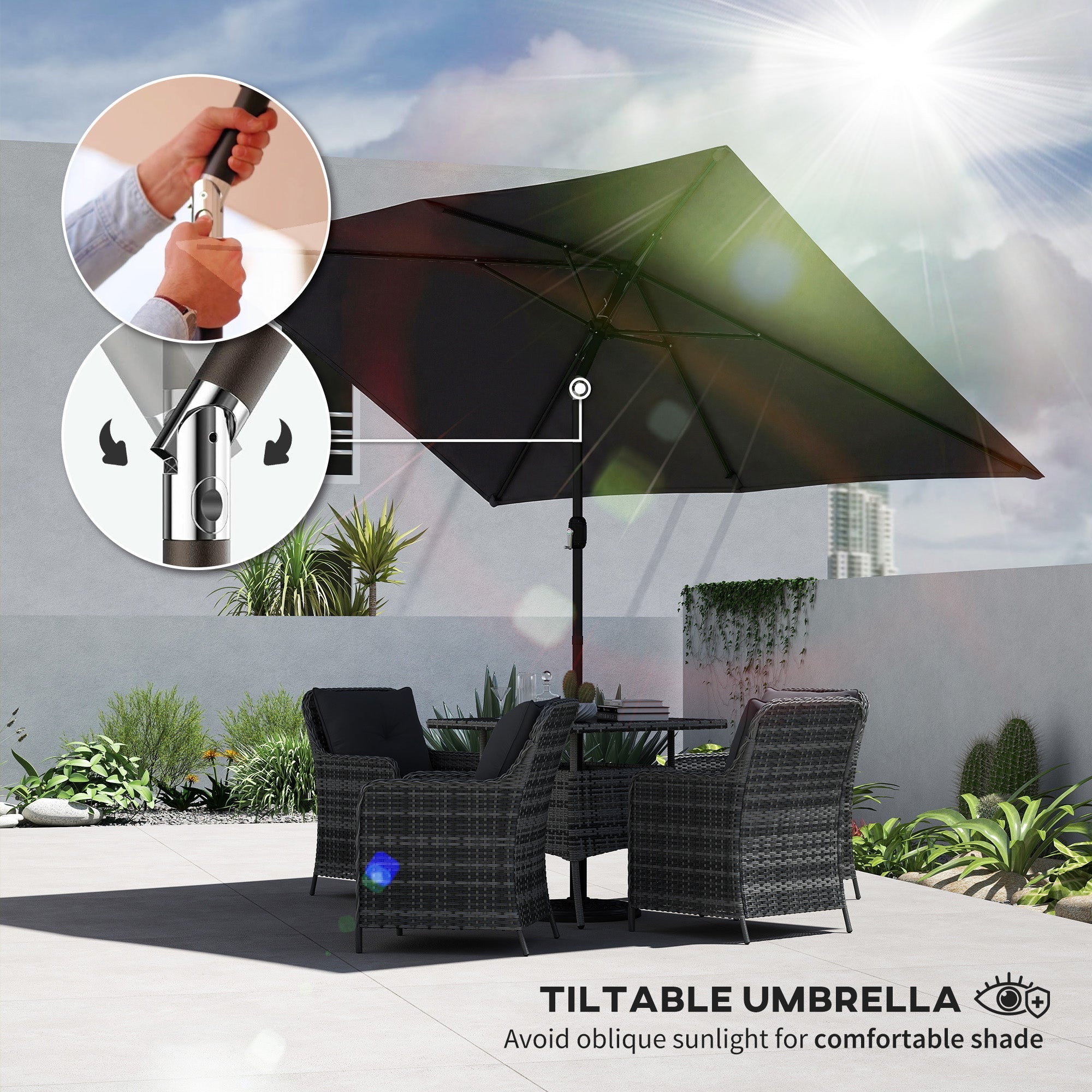 Outsunny Garden Parasol, Parasol Umbrella with Crank Handle, Tilt Function, Polyester Canopy, Black