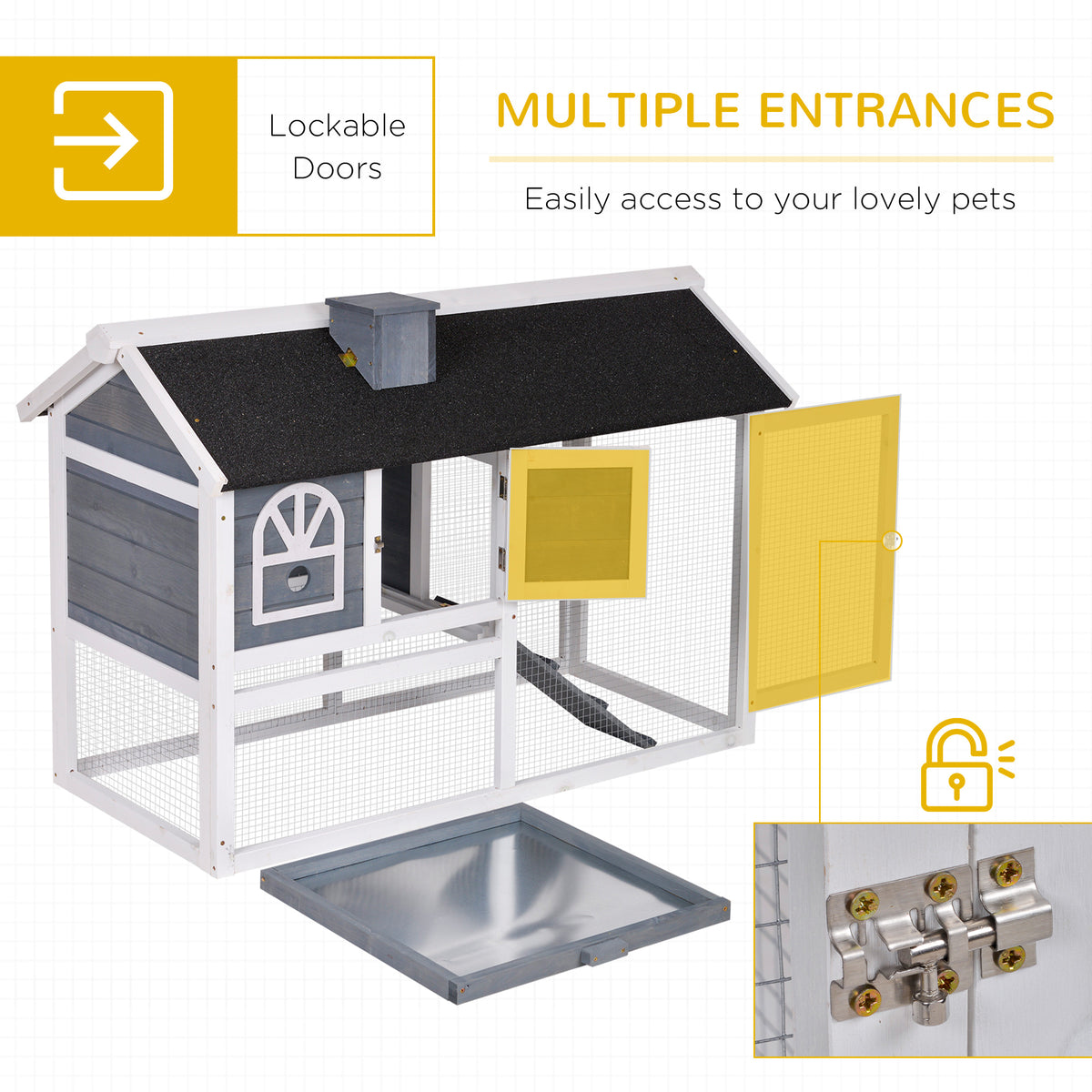 PawHut Wooden Rabbit Hutch and Run with Sliding Tray, Ramp, Water-resistant Roof, for 2-4 Rabbits, Grey
