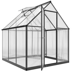 Outsunny Polycarbonate Greenhouse with Swing Door and Adjustable Window, Walk-in Greenhouse with Rain Gutter, 6 x 6.5ft, Black
