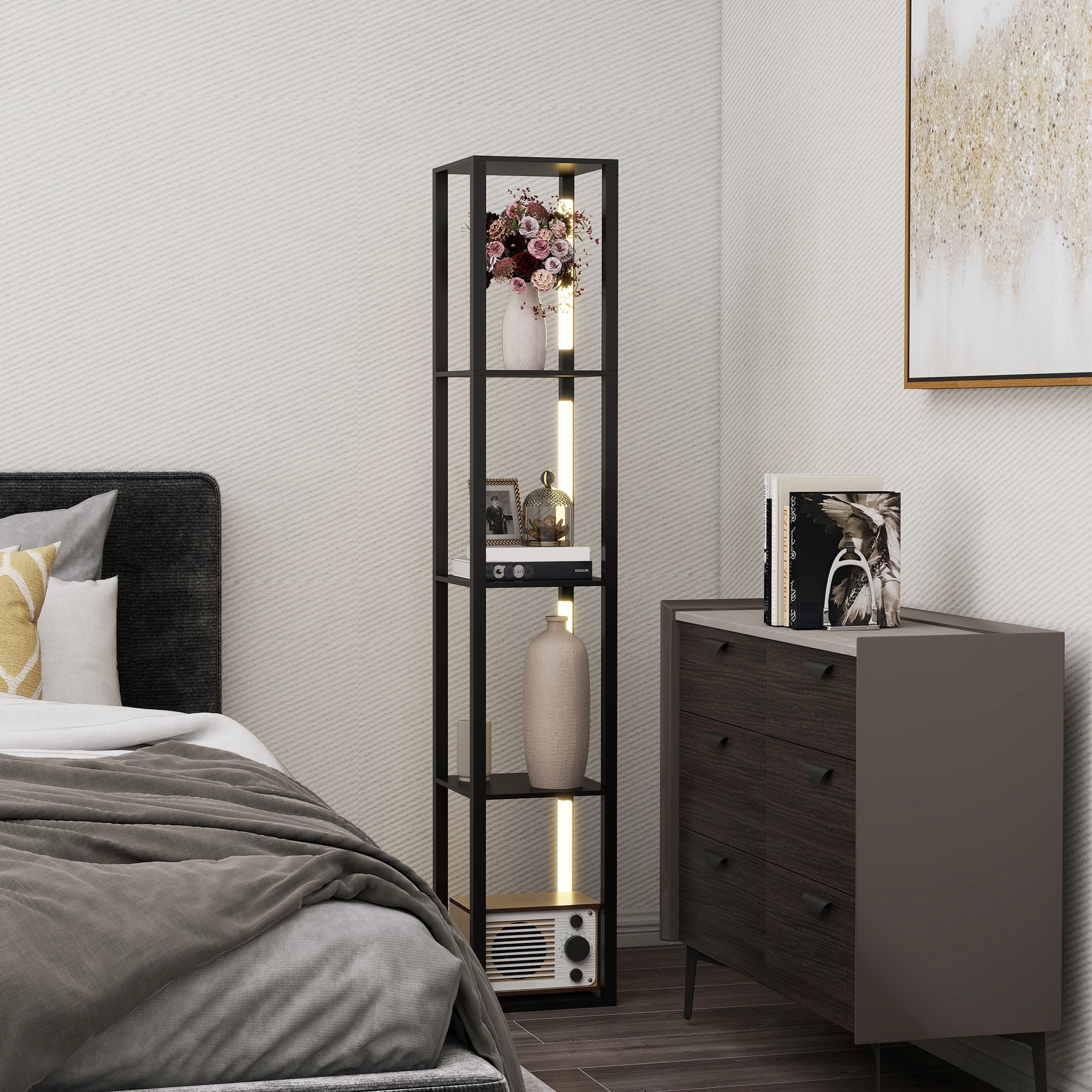 HOMCOM LED Floor Lamp with Shelves, 4 Layers Dimmable Modern Standing Lamp with 3 Brightness Levels and Foot Switch for Living Room, Bedroom, Office, Black