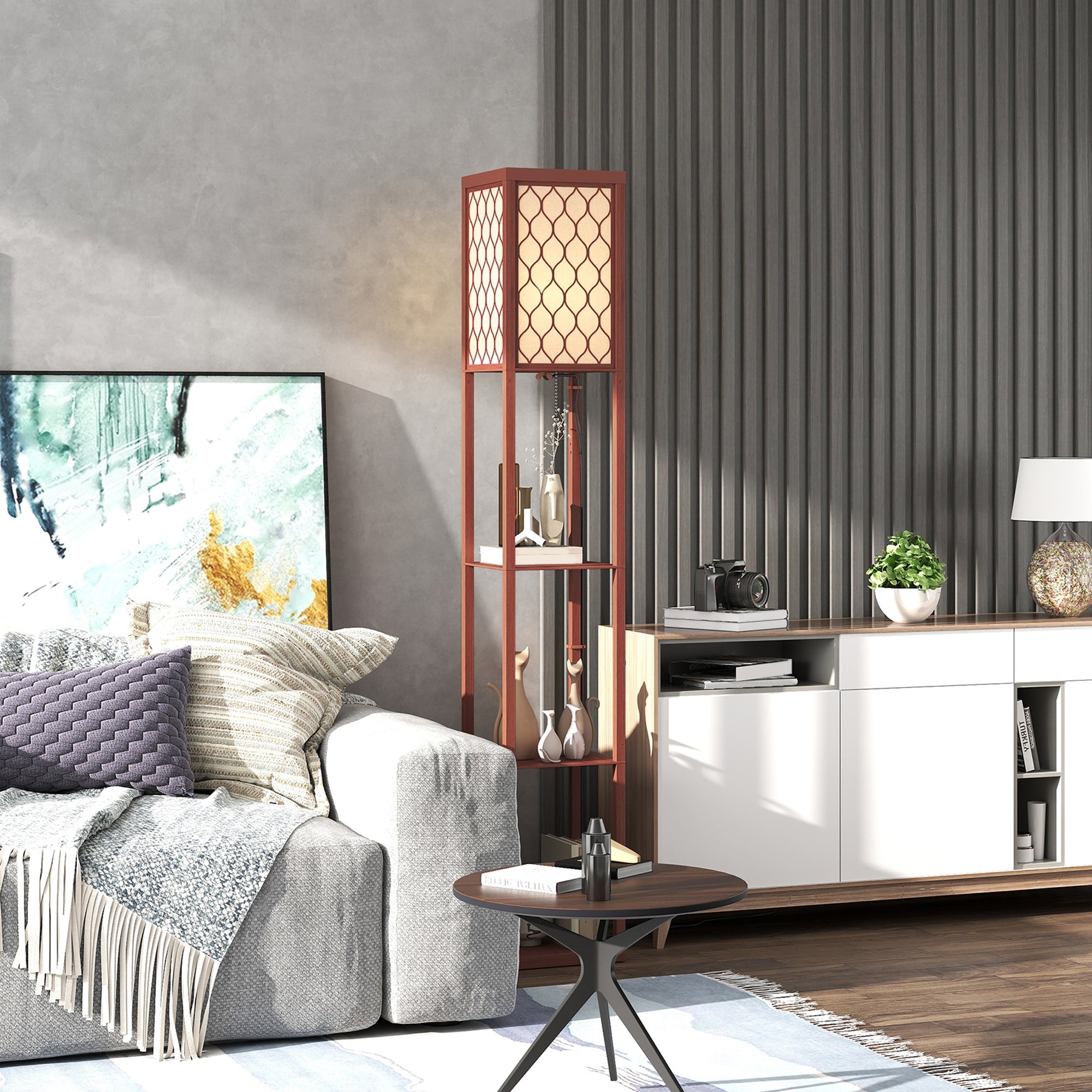 HOMCOM Three-Shelf Standing Lamp - Brown/White