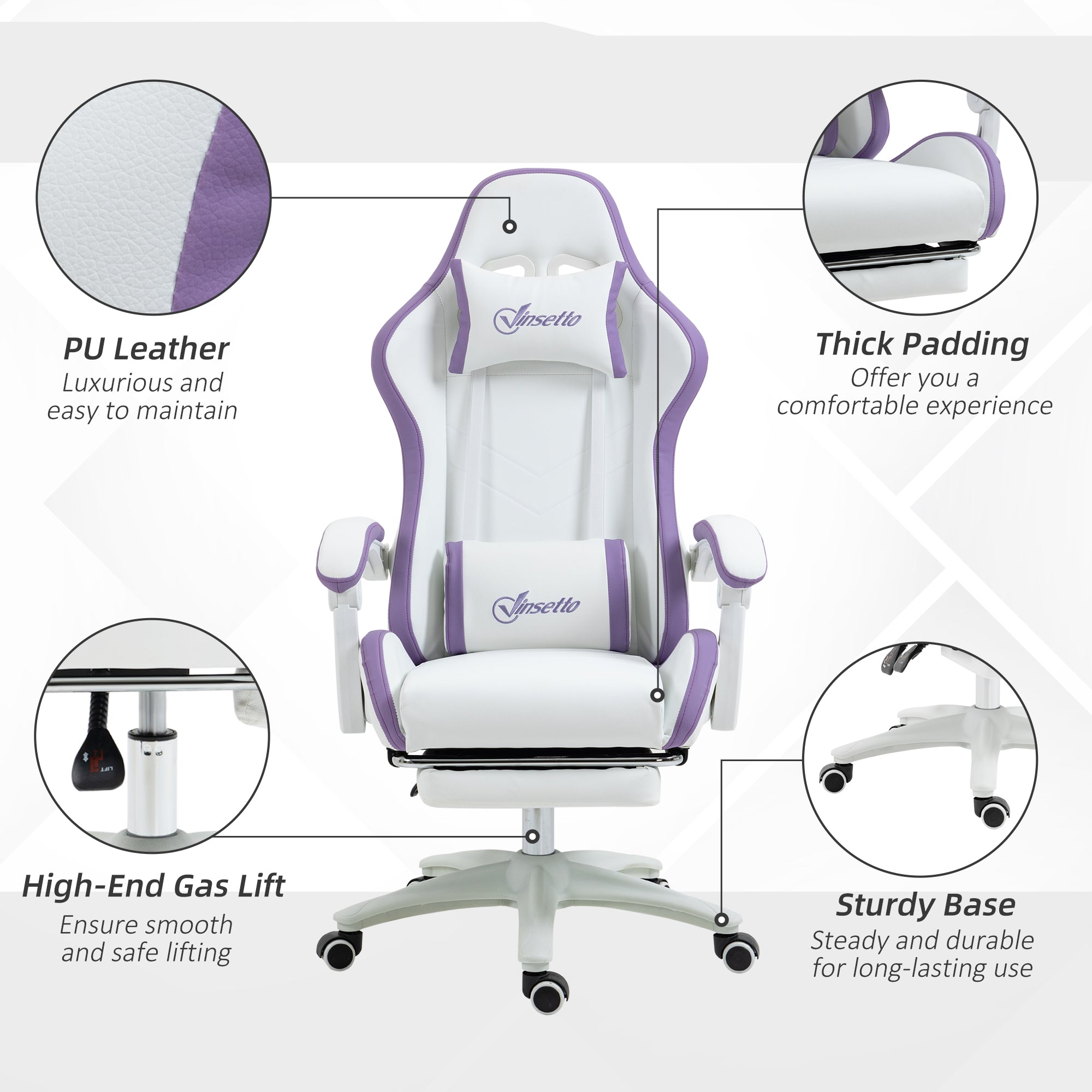 Vinsetto Computer Gaming Chair, PU Leather Office Desk Chair with Footrest, Swivel Wheels, 135√Ç¬∞ Reclining Back, Lumbar Support, Headrest for Home, White and Purple