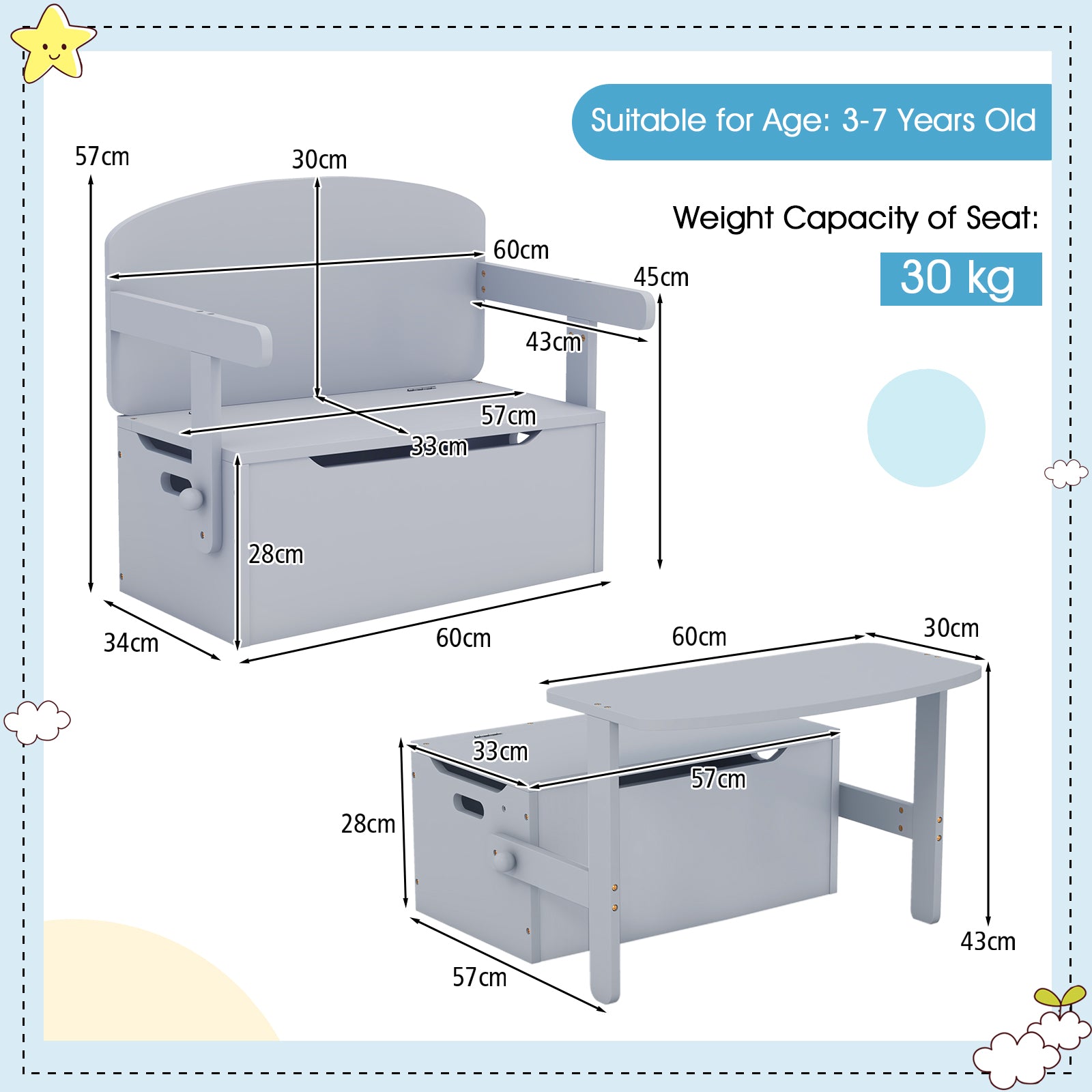 3-in-1 Kids Table and Chair Set with Toy Storage Box-Grey