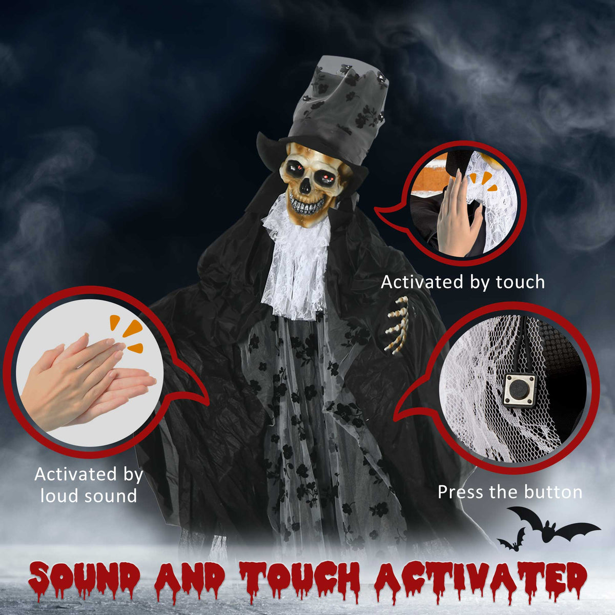 Outsunny 189cm Life Size Outdoor Halloween Decorations Ghost Bridegroom, Animated Prop Animatronic Decor with Sound and Motion Activated, Light Up Eyes, Howling Sound