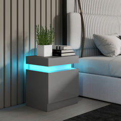 HOMCOM Grey Bedside Table with LED Light, High Gloss Front Nightstand with 2 Drawers, for Living Room, Bedroom