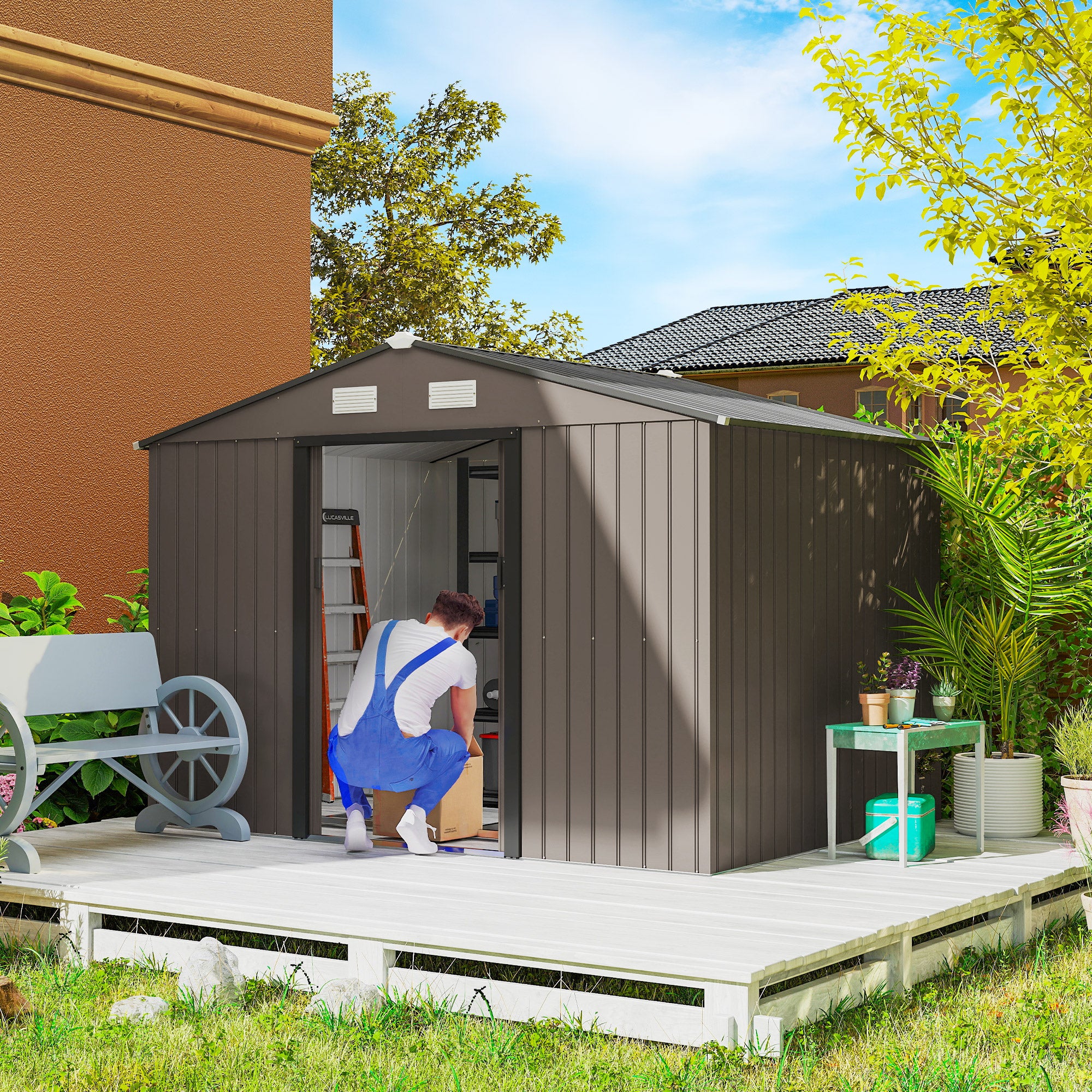 Outsunny 9 x 6ft Metal Garden Shed, Outdoor Storage Tool House with Ventilation Slots, Foundation Kit and Lockable Double Doors, Brown