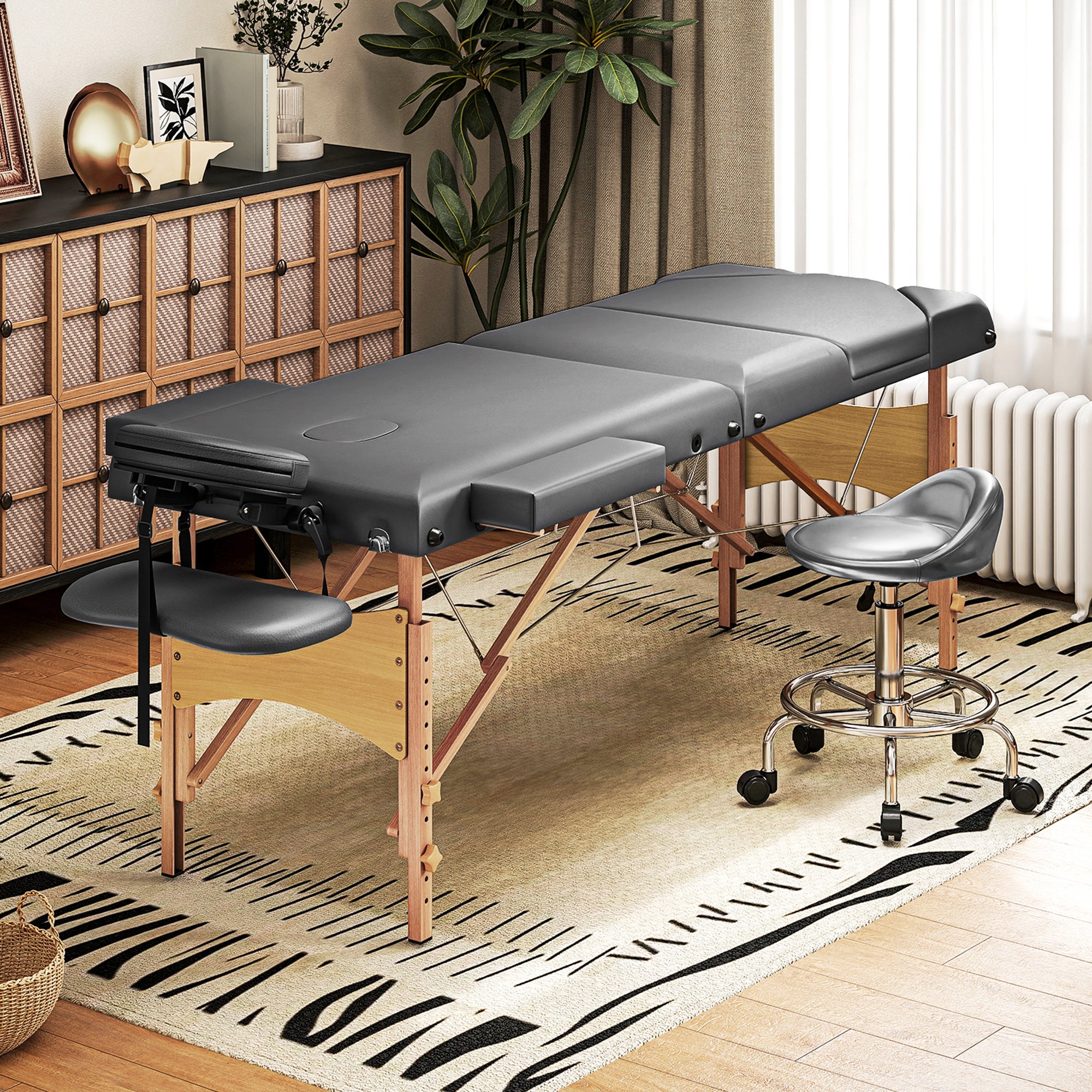 HOMCOM Foldable Massage Table with Beech Wood Legs - Grey