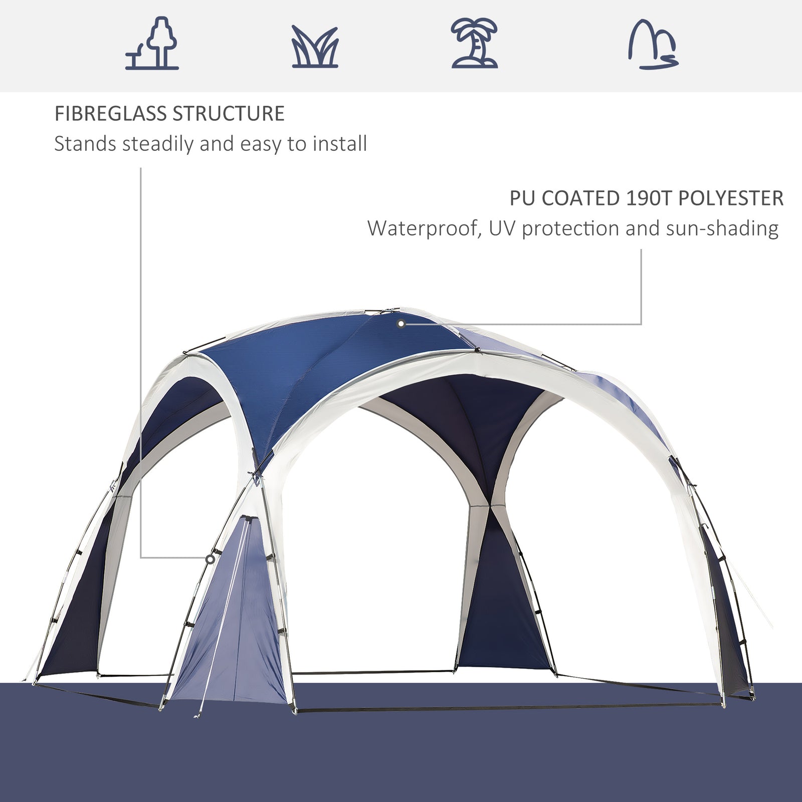 Outsunny 3.5 x 3.5M Camping Gazebo, Outdoor Event Shelter Dome Tent Garden Sun Shelter Patio Spire Arc Pavilion Camp Sun Shade Tent for 6-8 Person, Blue and Grey