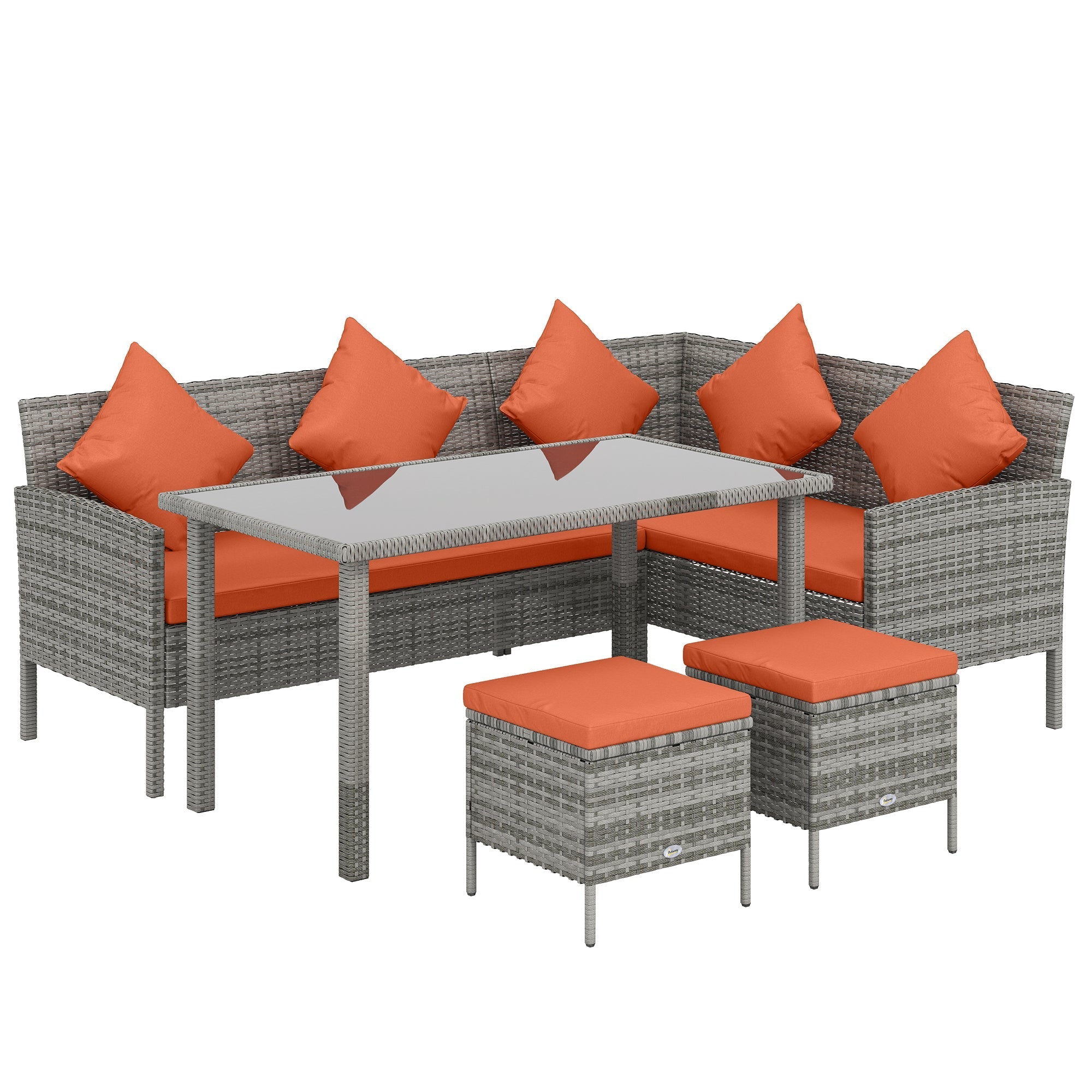 Outsunny 6-Seater Rattan Dining Set Sofa Table Footstool Outdoor w/ Cushion Garden Furniture, Orange