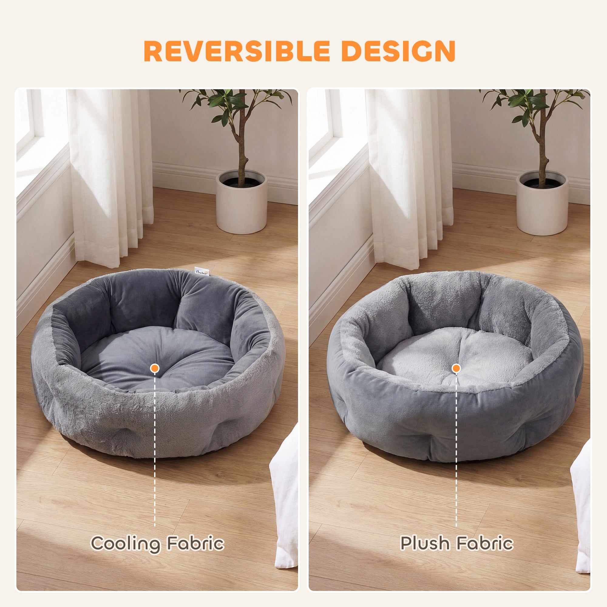 PawHut Cat Bed, Reversible Dog Pet Bed for Indoor Cats and Small Dogs, Round Bed with Supportive Bolster, Dark Grey