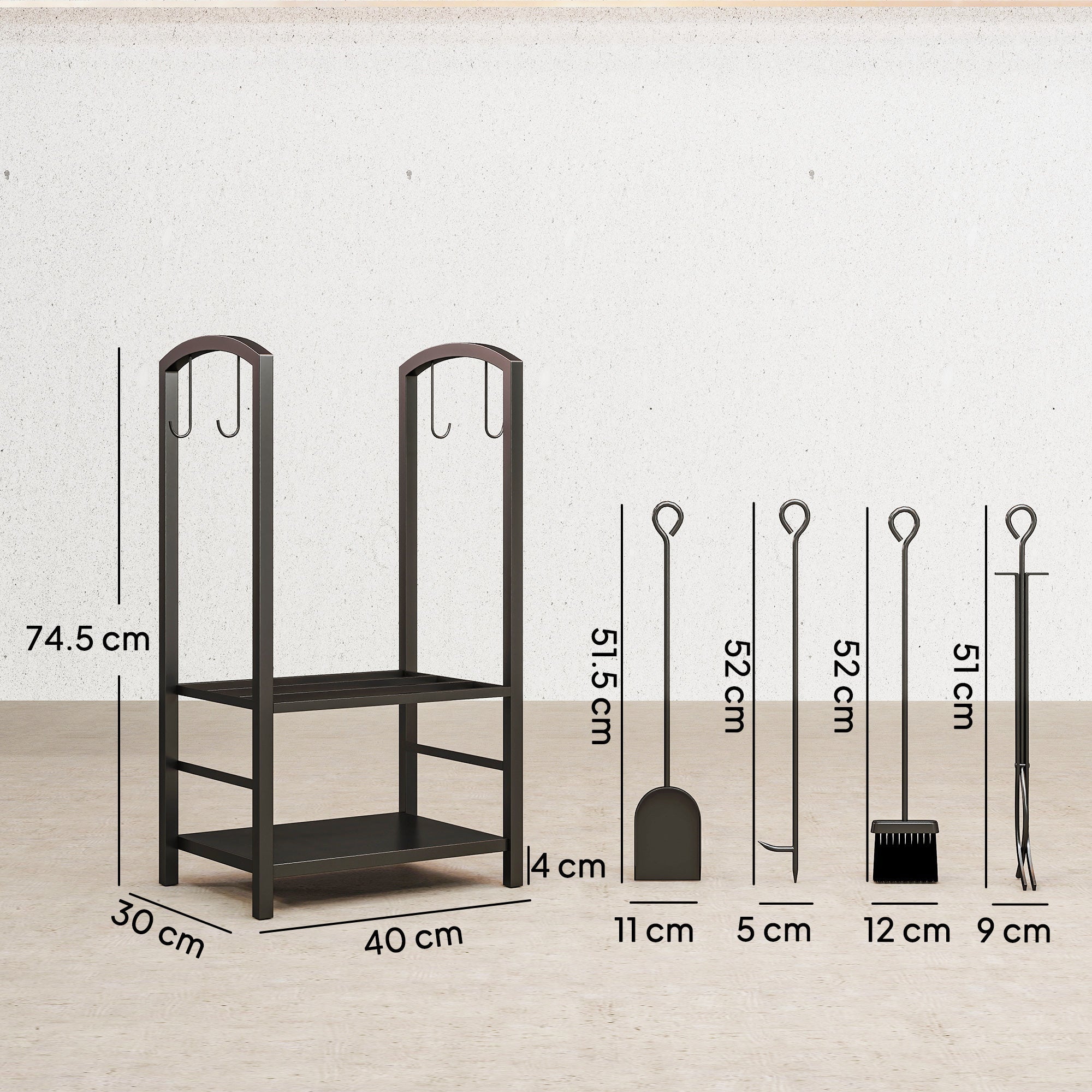 Outsunny Metal Firewood Log Holder 2 Layer Firewood Rack Indoor Outdoor Fireplace Wood Storage Shelf with 4 Tools and Hooks, Black, 40L x 30W x 74.5H cm