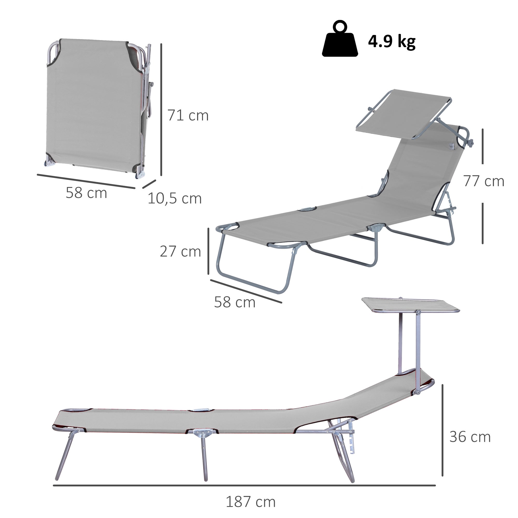 Outsunny Outdoor Foldable Sun Lounger, 4 Level Adjustable Backrest Reclining Sun Lounger Chair with Angle Adjust Sun Shade Awning for Beach, Garden, Patio, Light Grey
