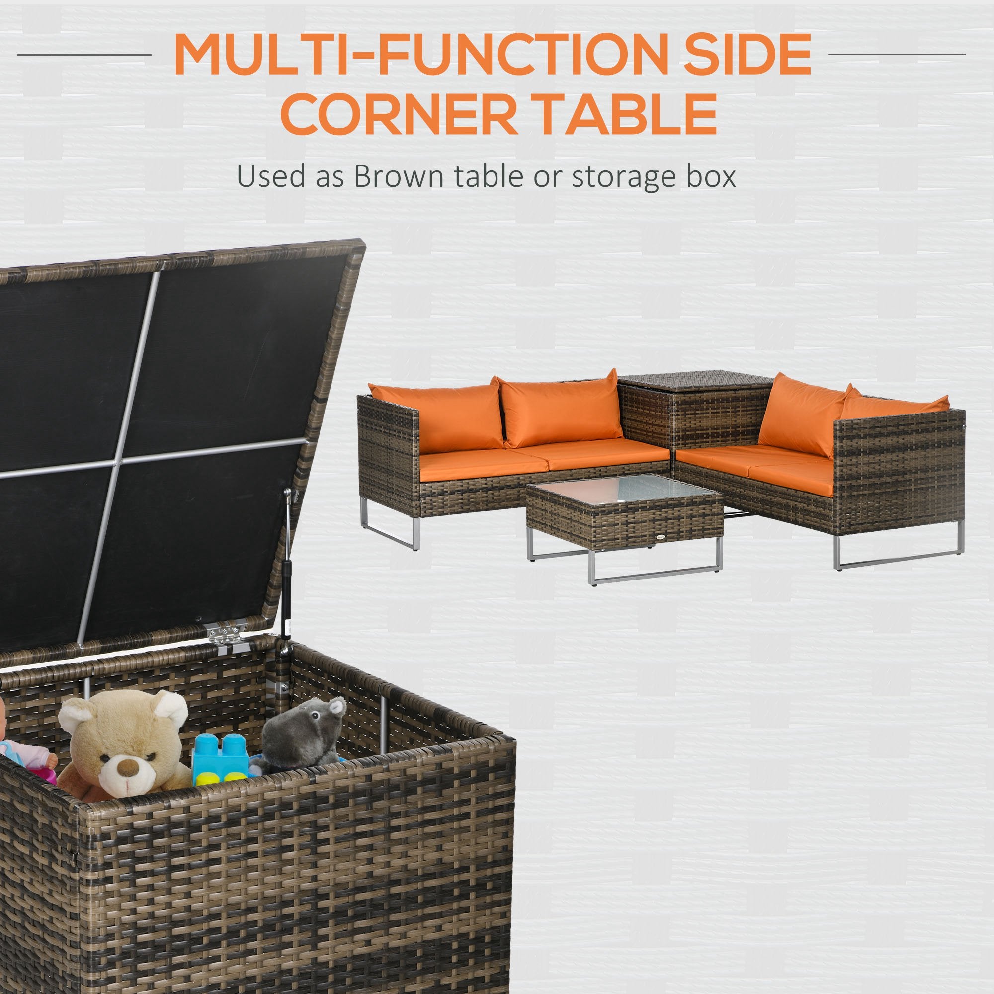 Outsunny 4 Piece Rattan Garden Furniture Set, Outdoor Corner Sofa Set with Storage Table, Loveseats, Cushions - Orange