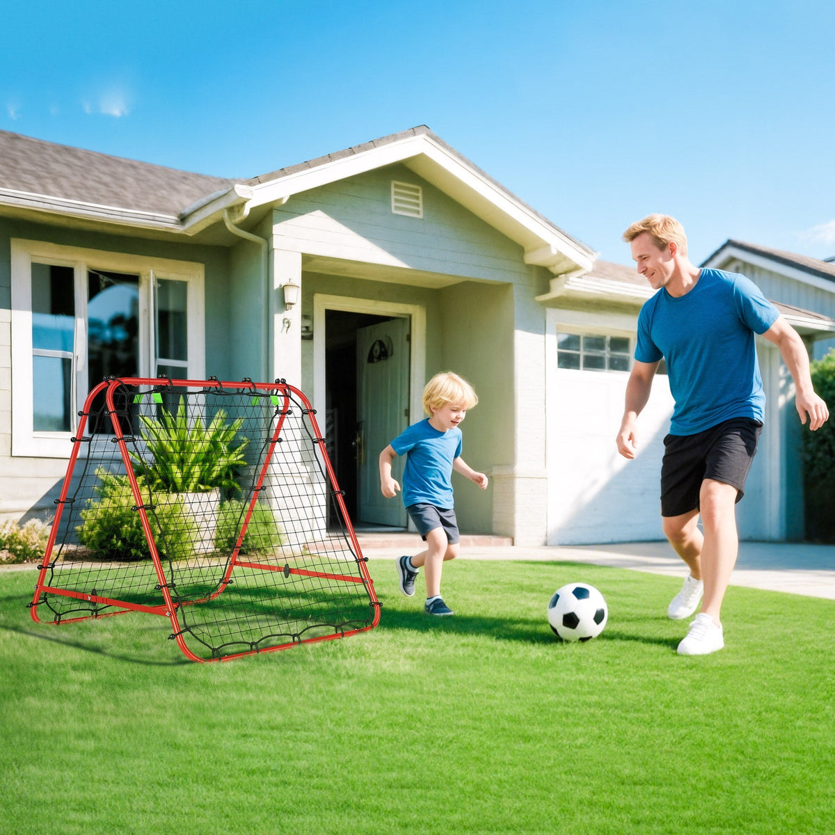 HOMCOM Double Sided Football Rebounder Net, Football Rebound Goal with Five Adjustable Angles, Red