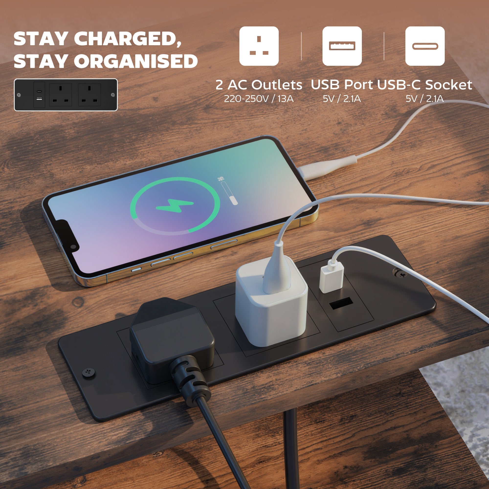 HOMCOM Bedside Table with Charging Station - Rustic Brown