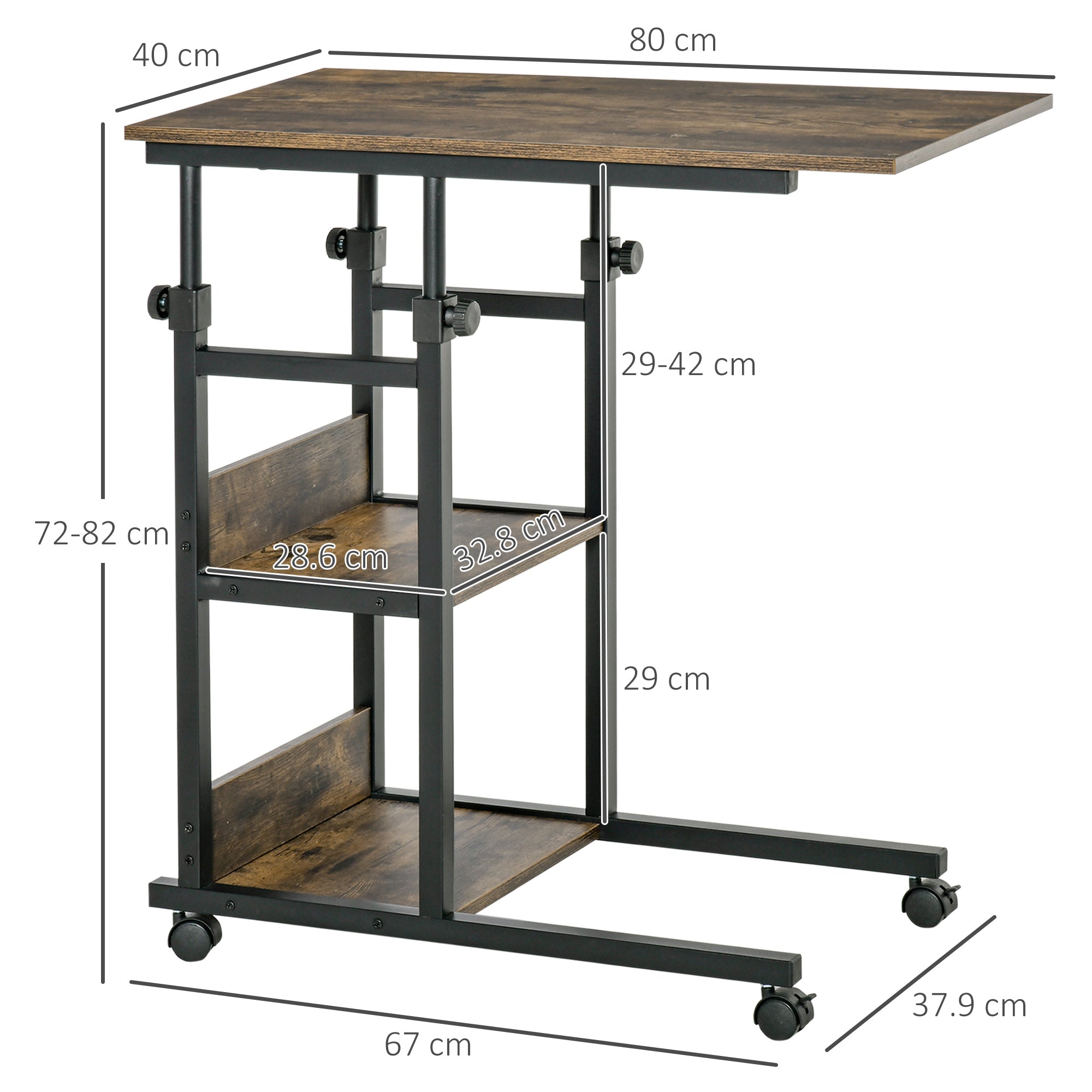 HOMCOM C-Shaped Side Table Industrial Mobile Rolling End Desk with 3-Tier Storage Shelving, Adjustable Height, Wheels