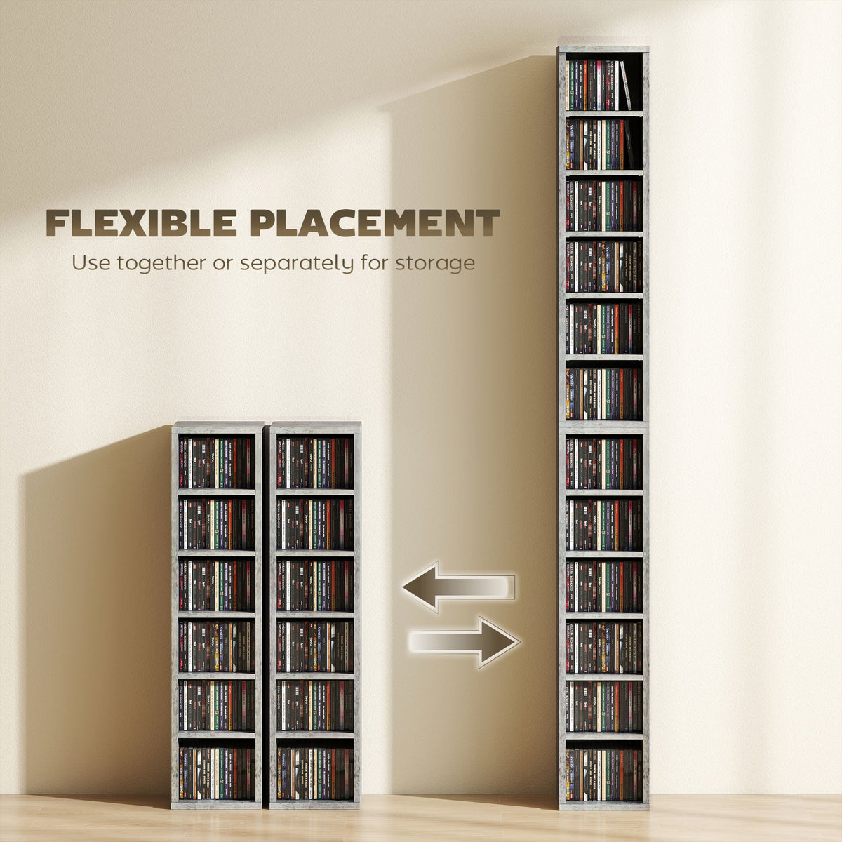 HOMCOM Set of 2 CD Media Display Shelf Unit Tower Rack with Adjustable Shelves, Grey