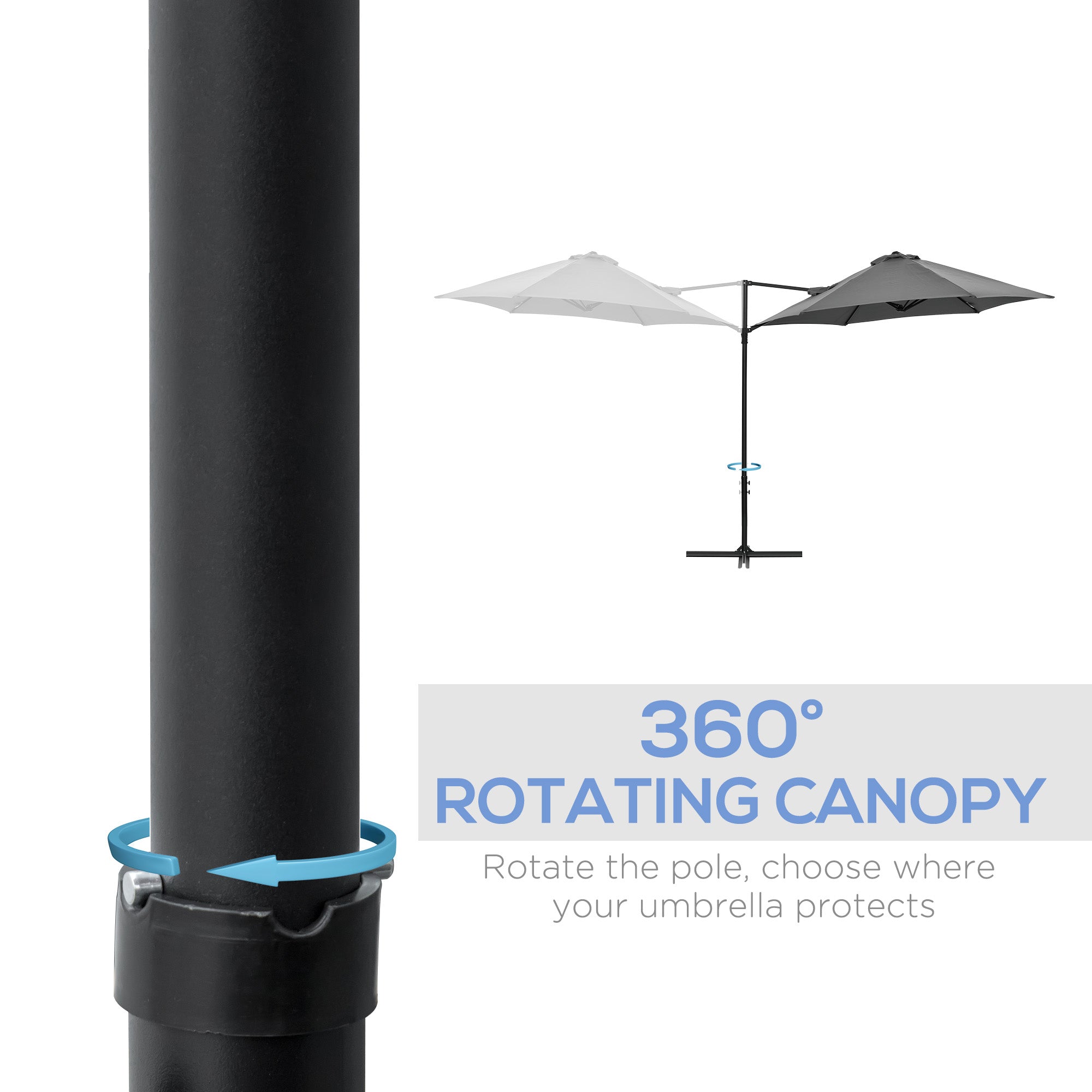 Outsunny 2.5M Garden Cantilever Parasol, Offset Roma Patio Umbrella Hanging Sun Shade Canopy Shelter with 360 Rotation and Cross Base, Dark Grey