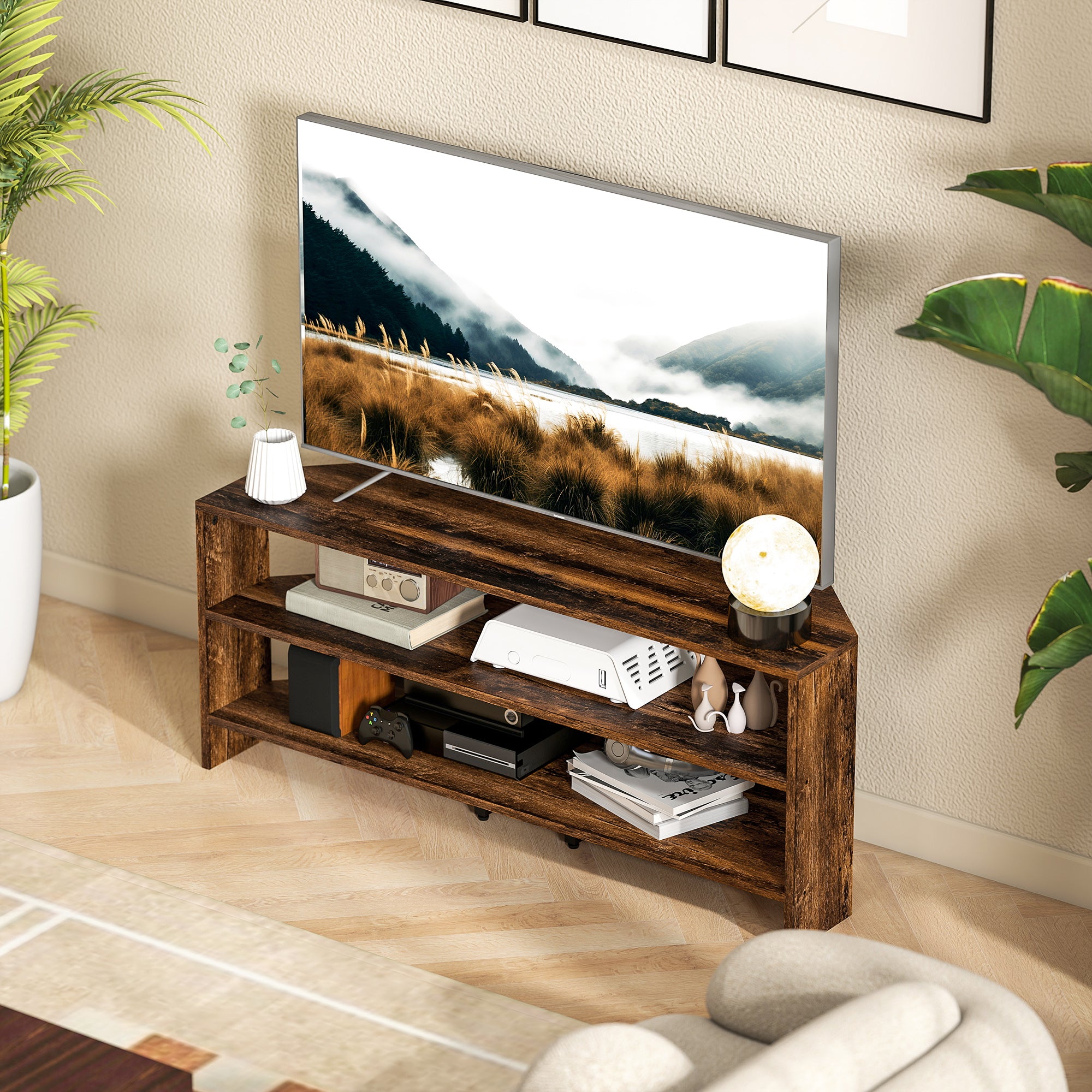 HOMCOM Corner TV Stand with 2 Open Shelves for 47 Inch TV - Rustic Brown