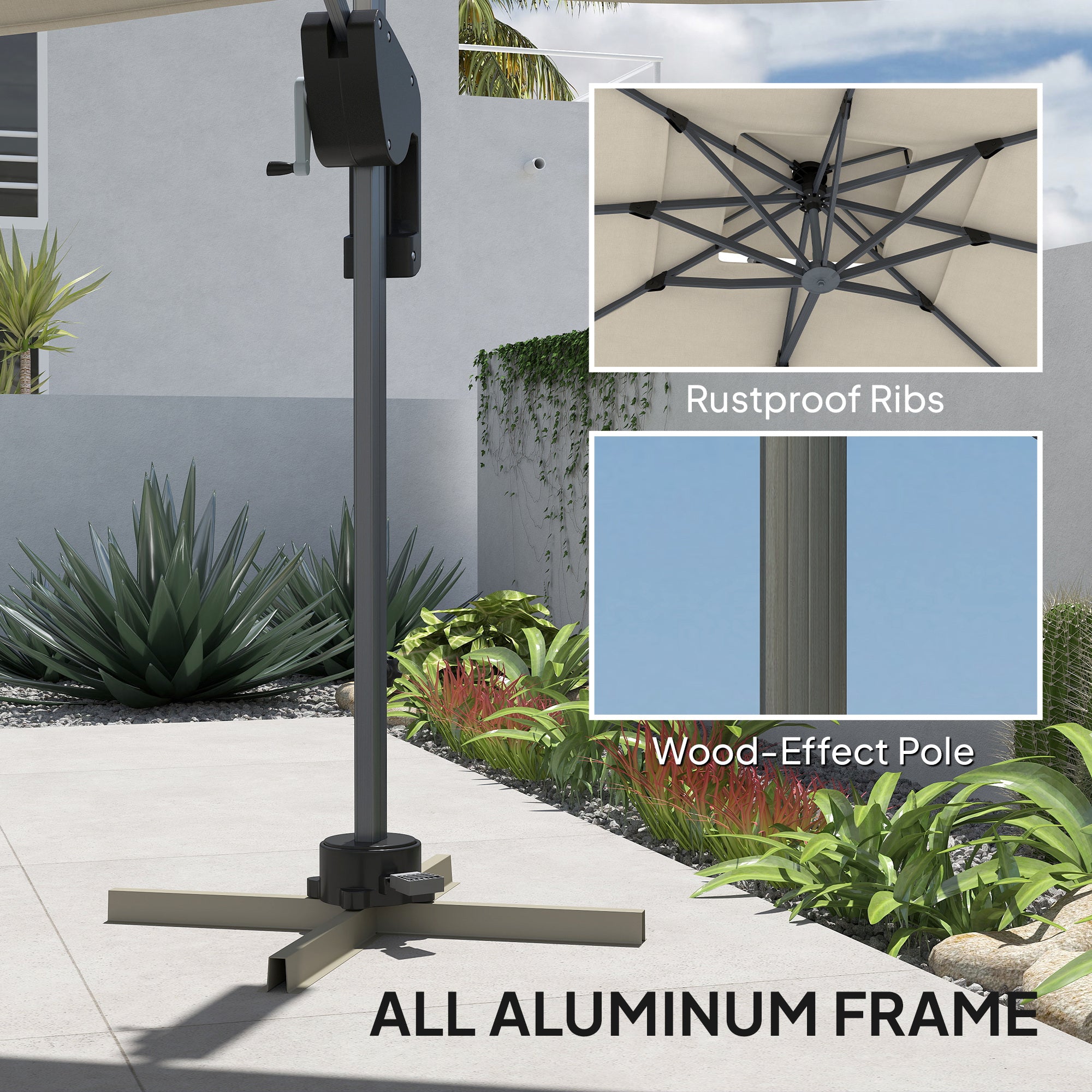 Outsunny 3.7 x 2.7 m Cantilever Parasol w/ 360√Ç¬∞ Rotation and Easy Tilt Adjustment, Aluminium Hanging Offset Outdoor Umbrella w/ Double Top, Cross Base, UPF50+ Hanging Sun Shade, Grey Wood Effect Pole