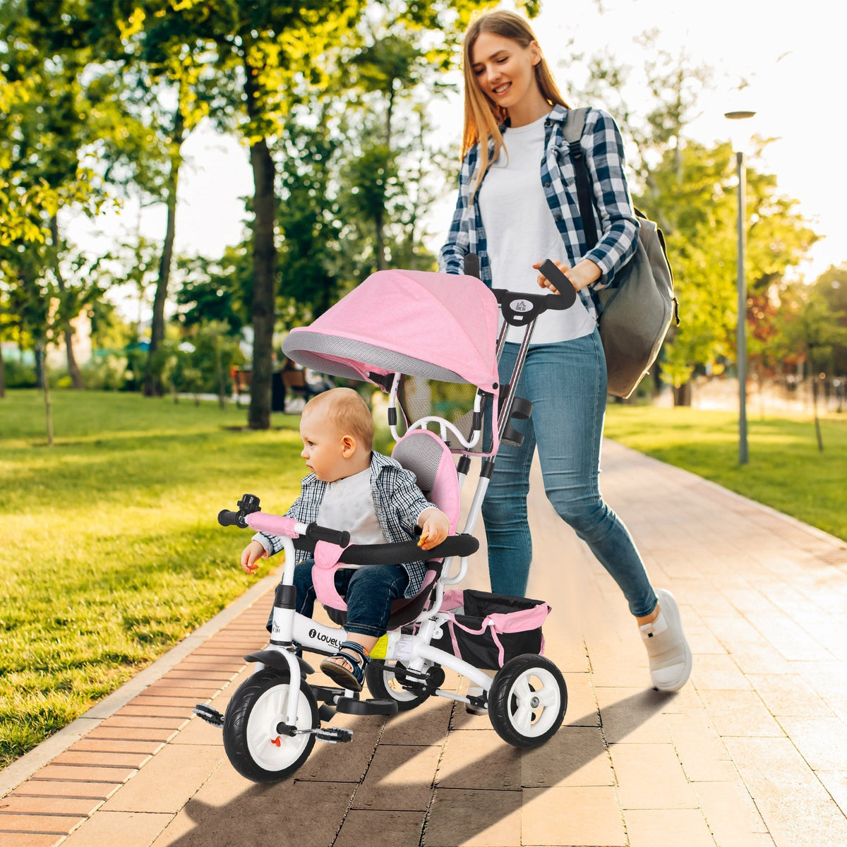 HOMCOM 6 in 1 Kids Trike Push Bike w/ Push Handle, Canopy, 5-point Seat Belt, Storage, Footrest, Brake, for 1-5 Years, Pink