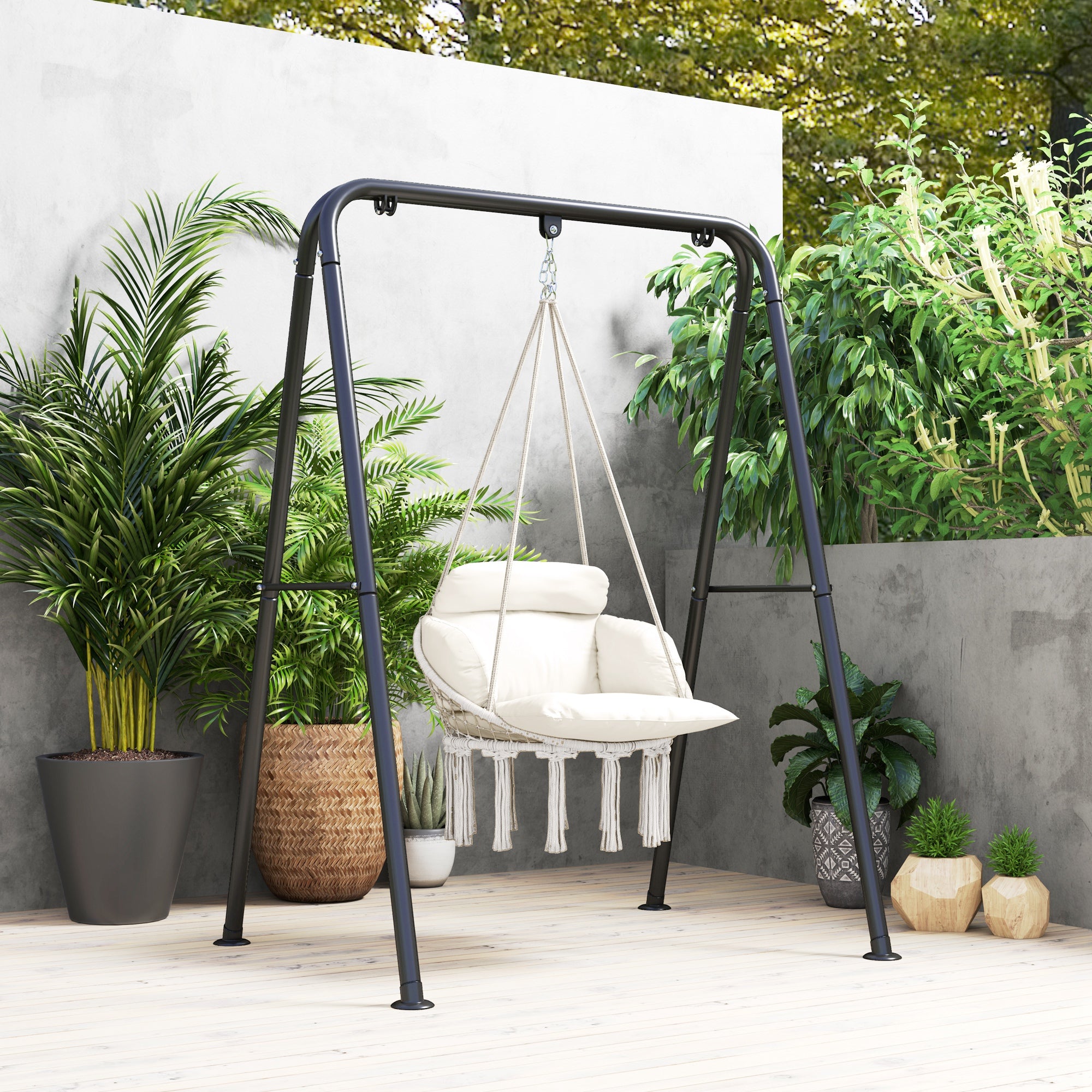 Outsunny Hanging Chair Outdoor Hammock Chair with Soft Cushion, Cotton Rope Boho Style Swing Chair, Hanging Garden Swing Seat for Indoor Outdoor, Cream White