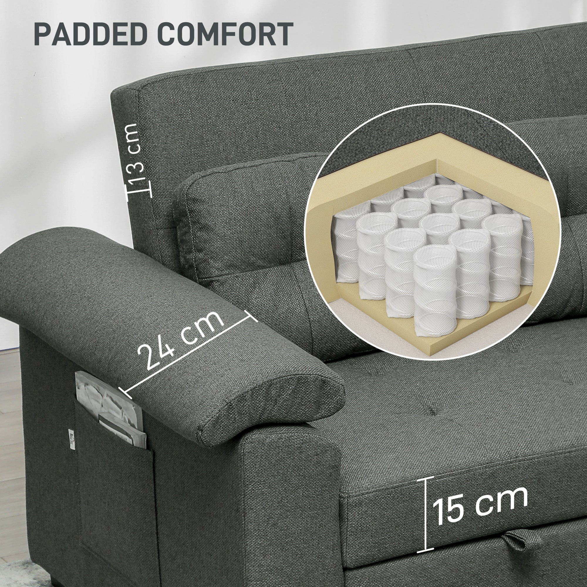 HOMCOM Pull Out Sofa Bed, Fabric 2 Seater Click Clack Sofa Bed Settee with 2 Pocket Springs, Convertible Sofa Couch with Pillows and Side Pockets for Living Room, Home Office, Charcoal Grey