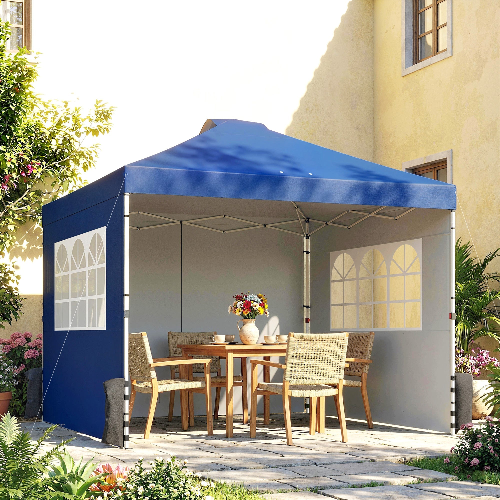 Outsunny Pop Up Gazebo Waterproof Height Adjustable Canopy with 3 Sidewalls Wheeled Bag for Parties 3 x 3 m Dark Blue