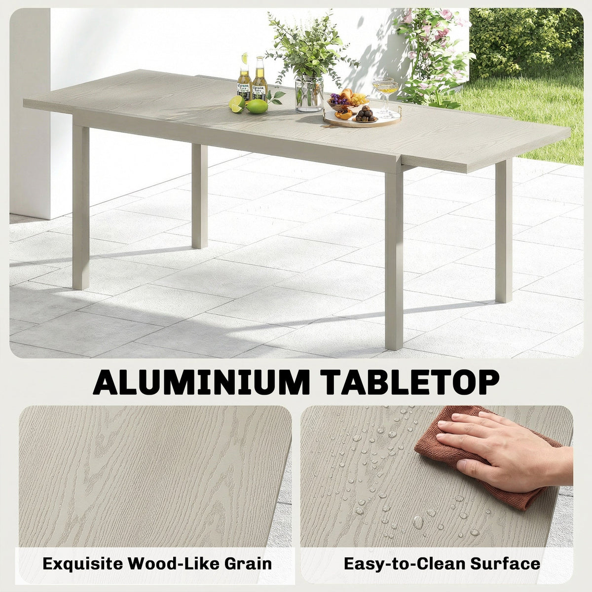 Outsunny Extending Garden Table, Aluminium Outdoor Dining Table for 8-10 with Wood-Like Grained Surface, Light Grey Wood Effect