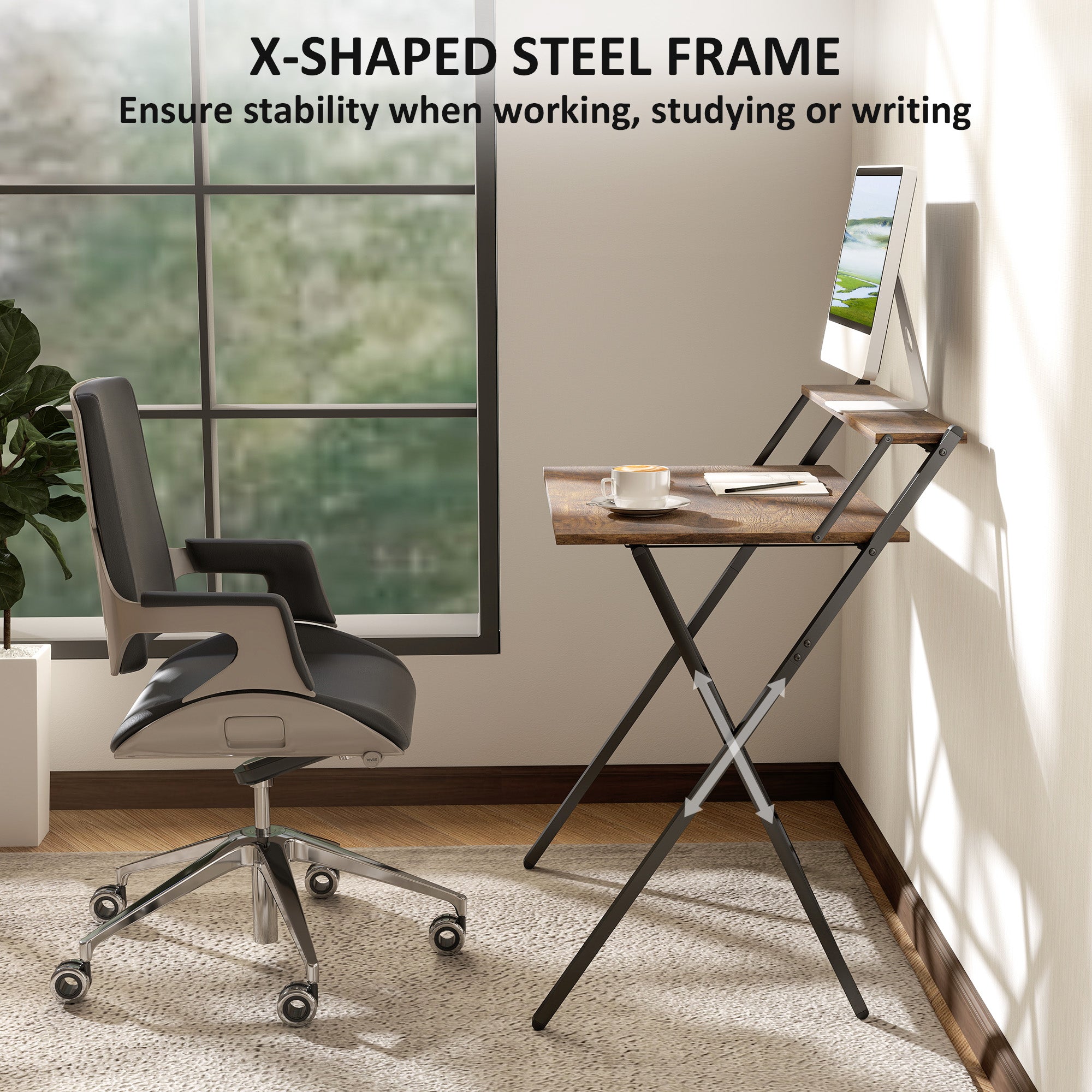 HOMCOM 81.5 cm Folding Computer Desk with Monitor Shelf - Rustic Brown