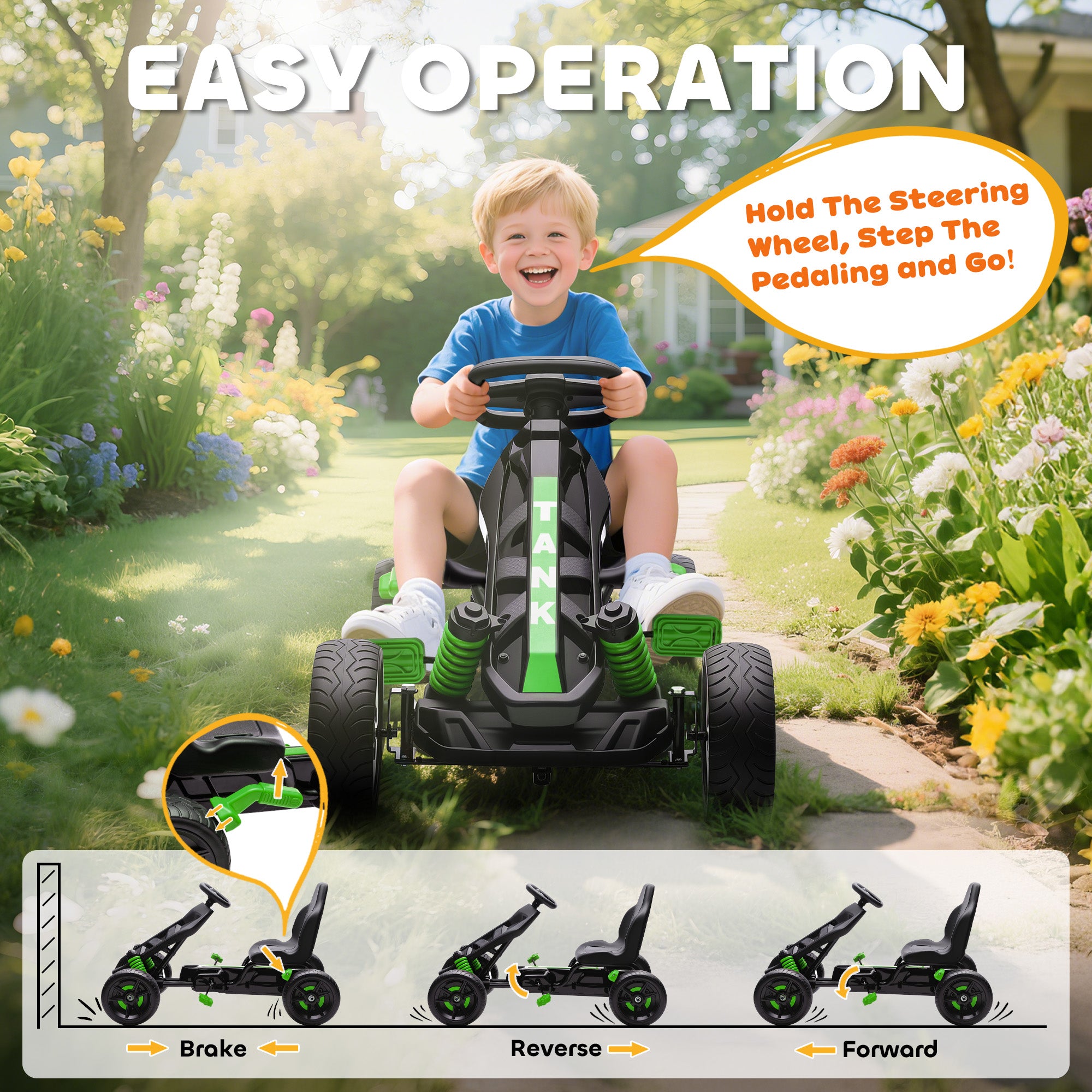AIYAPLAY Pedal Go kart for Kids Ages 3-6 Years, with Automatic Clutch, Brake, EVA Anti-Slip Wheels, Green