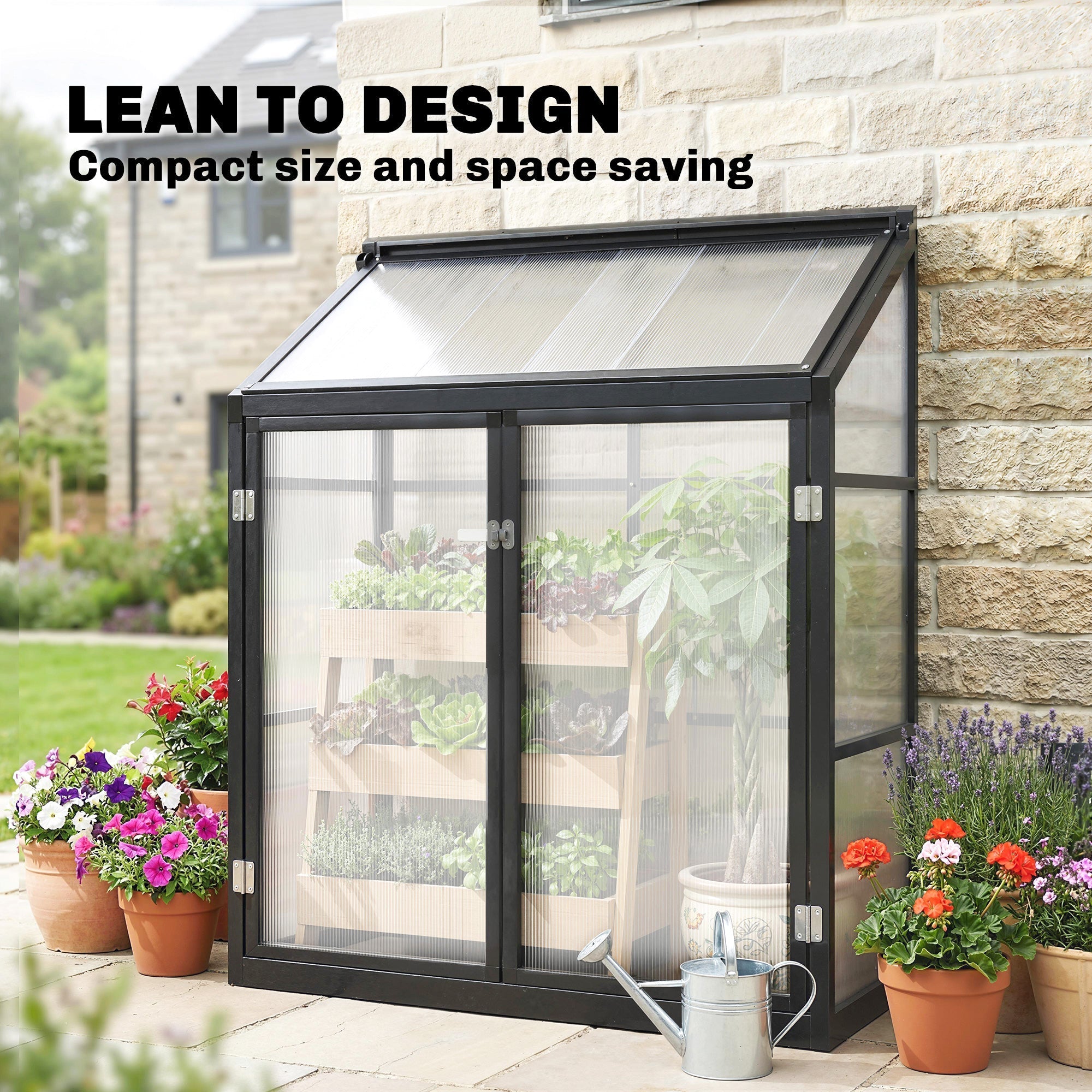 Outsunny Polycarbonate Greenhouse with Hinged Door, Top Vent, Lean-to Green House, Walk-in Greenhouse, 4 x 2ft, Black