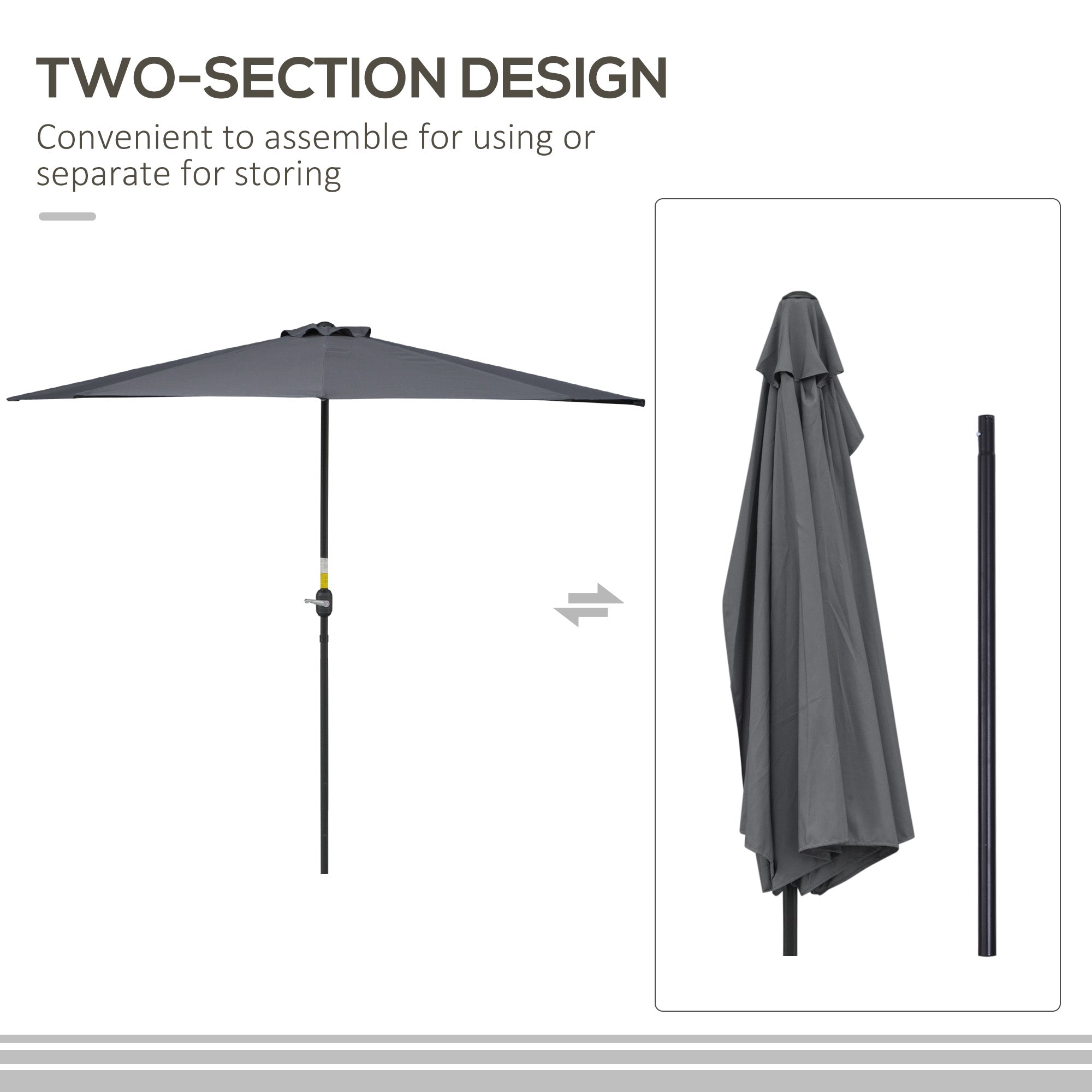 Outsunny 3(m) Half Parasol Semi Round Umbrella Patio Metal Frame Crank Handle for Balcony-- NO BASE INCLUDED, Grey