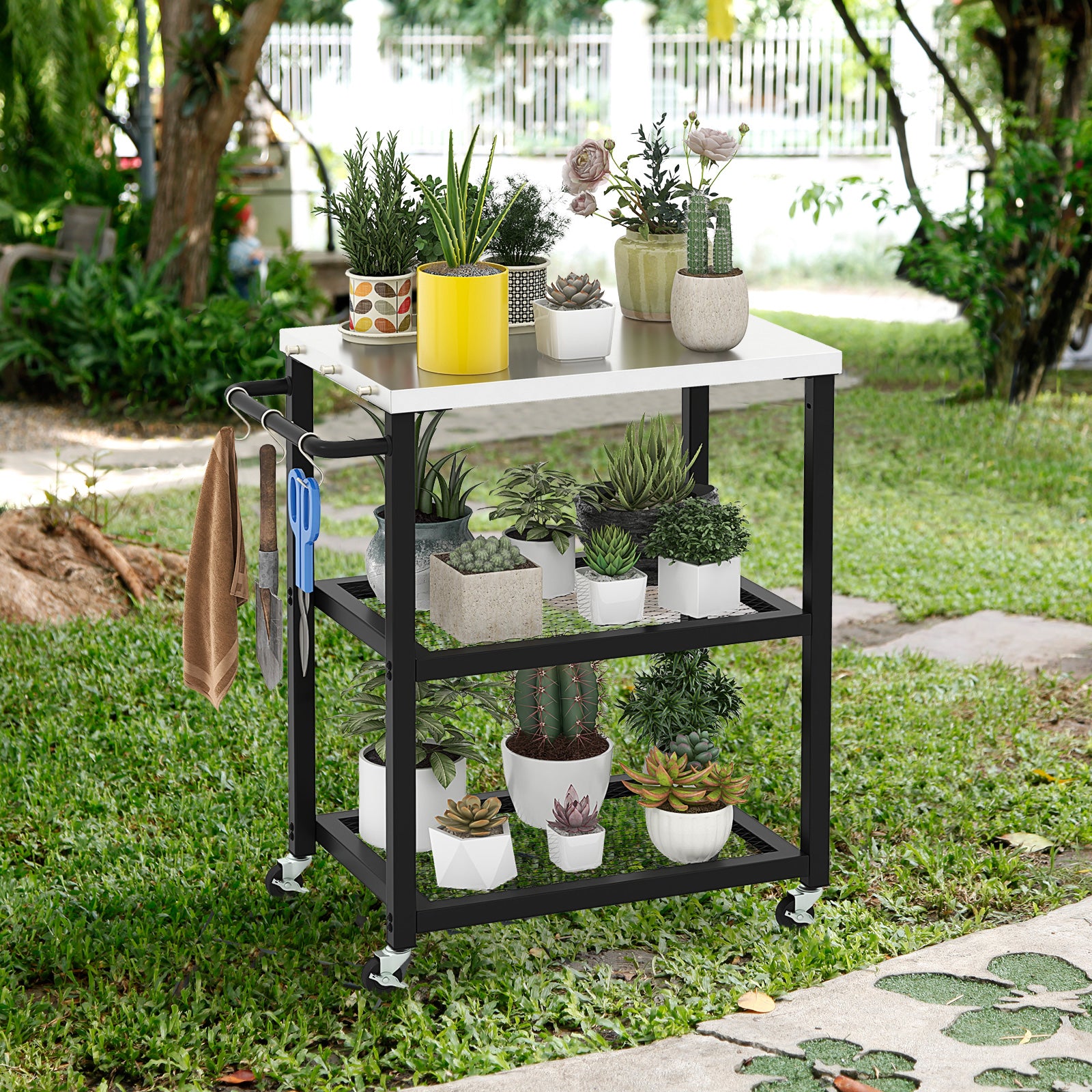 3-tier Outdoor Grill Cart on Wheels with Stainless Steel Top and Handle-Black