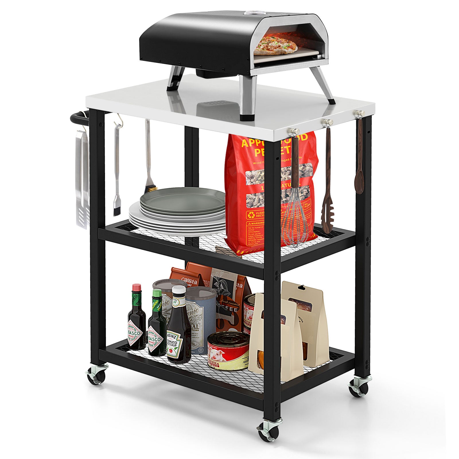 3-tier Outdoor Grill Cart on Wheels with Stainless Steel Top and Handle-Black