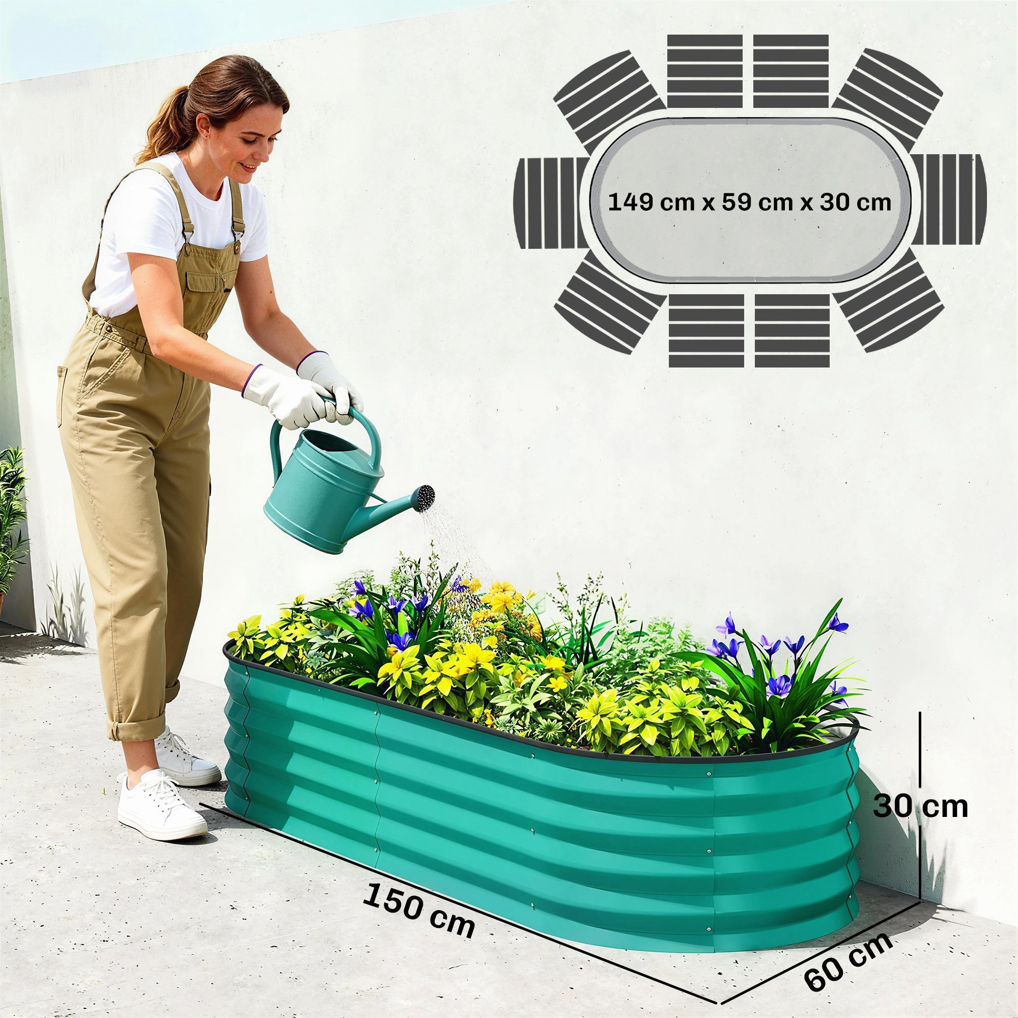 Outsunny Set of Two 150 x 60cm Steel Planters - Green