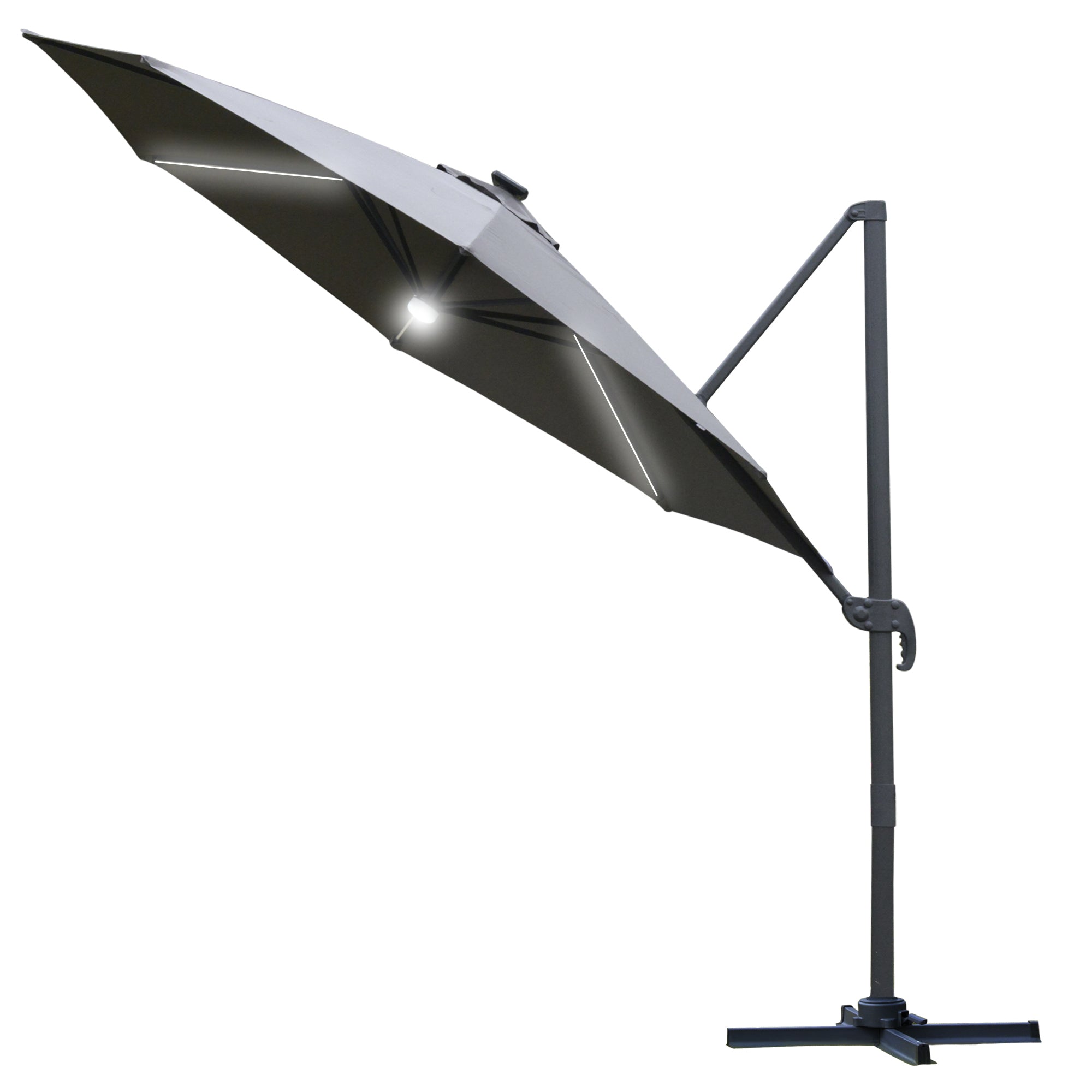 Outsunny 3(m) LED Cantilever Parasol Outdoor Sun Umbrella w/ Base Solar Lights Grey