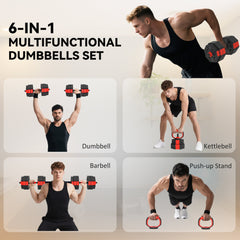 SPORTNOW 6-in-1 Adjustable Weight Dumbbells Set, Used as Kettlebell, Barbell, Dumbbell, Push-Up Stand, 30kg Free Weights Set for Men and Women Home Gym Training, Red