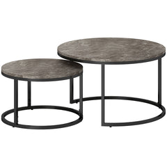 HOMCOM Industrial Nesting Coffee Table Set of 2, Round Coffee Tables, Living Room Table with Faux Marbled Top and Steel Frame