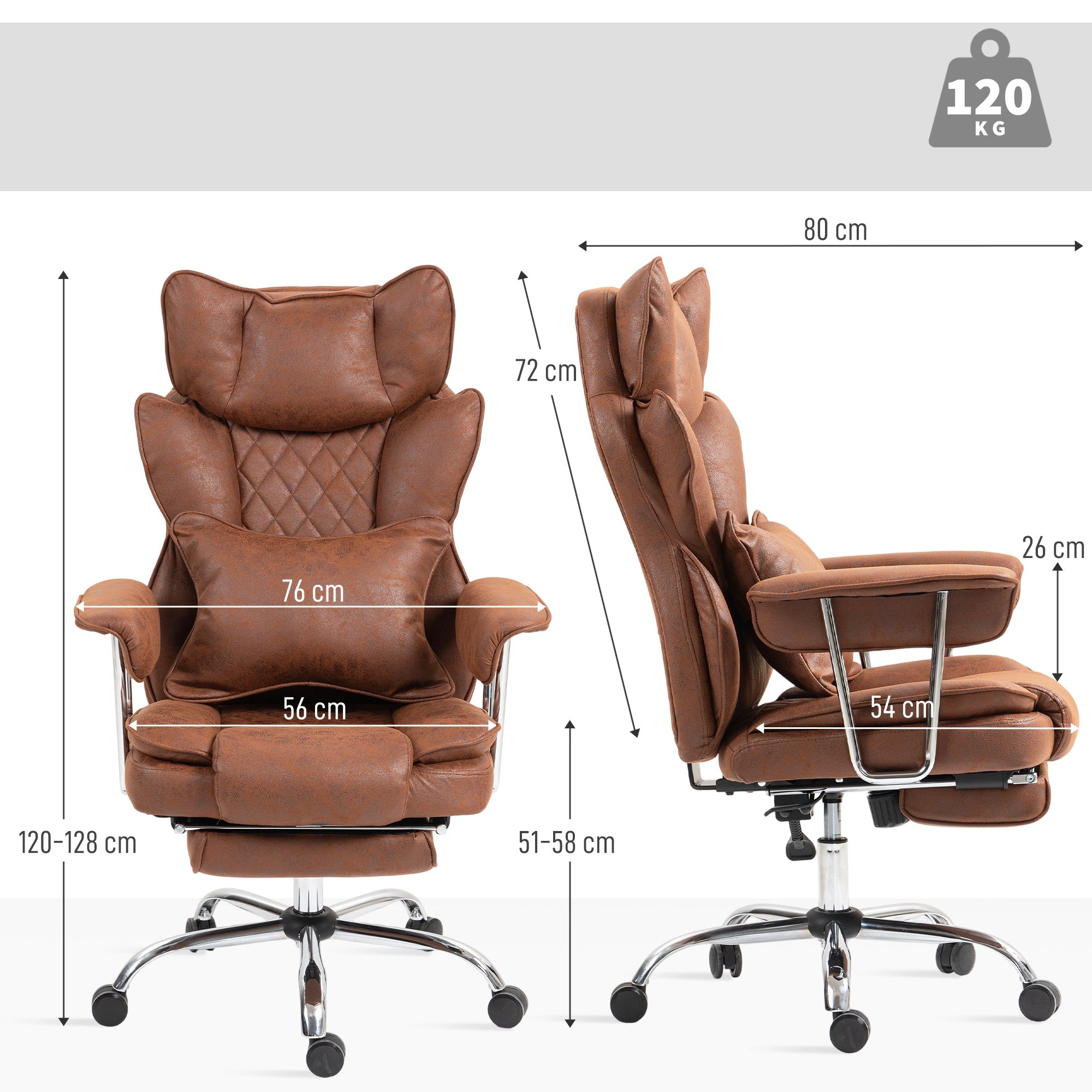 HOMCOM Leathaire Reclining Office Chair with Lumbar Support Pillow - Dark Brown